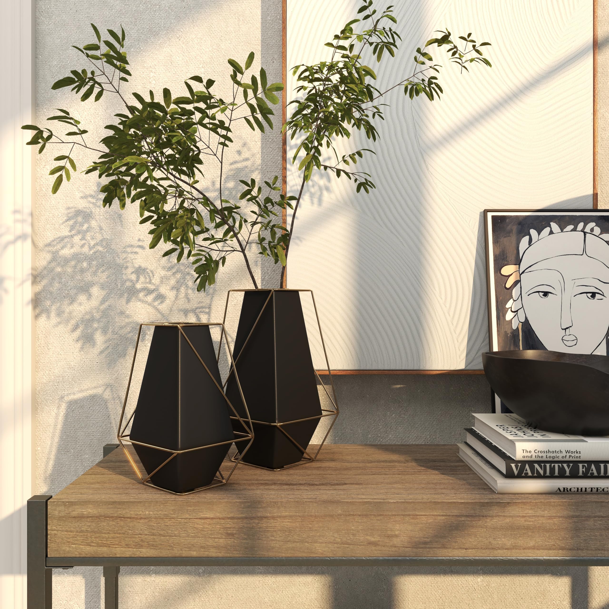 Deco 79 Modern Metal Vase Set of 2 - Black & Gold Wire Accent Flower Vases for Home Decor (11