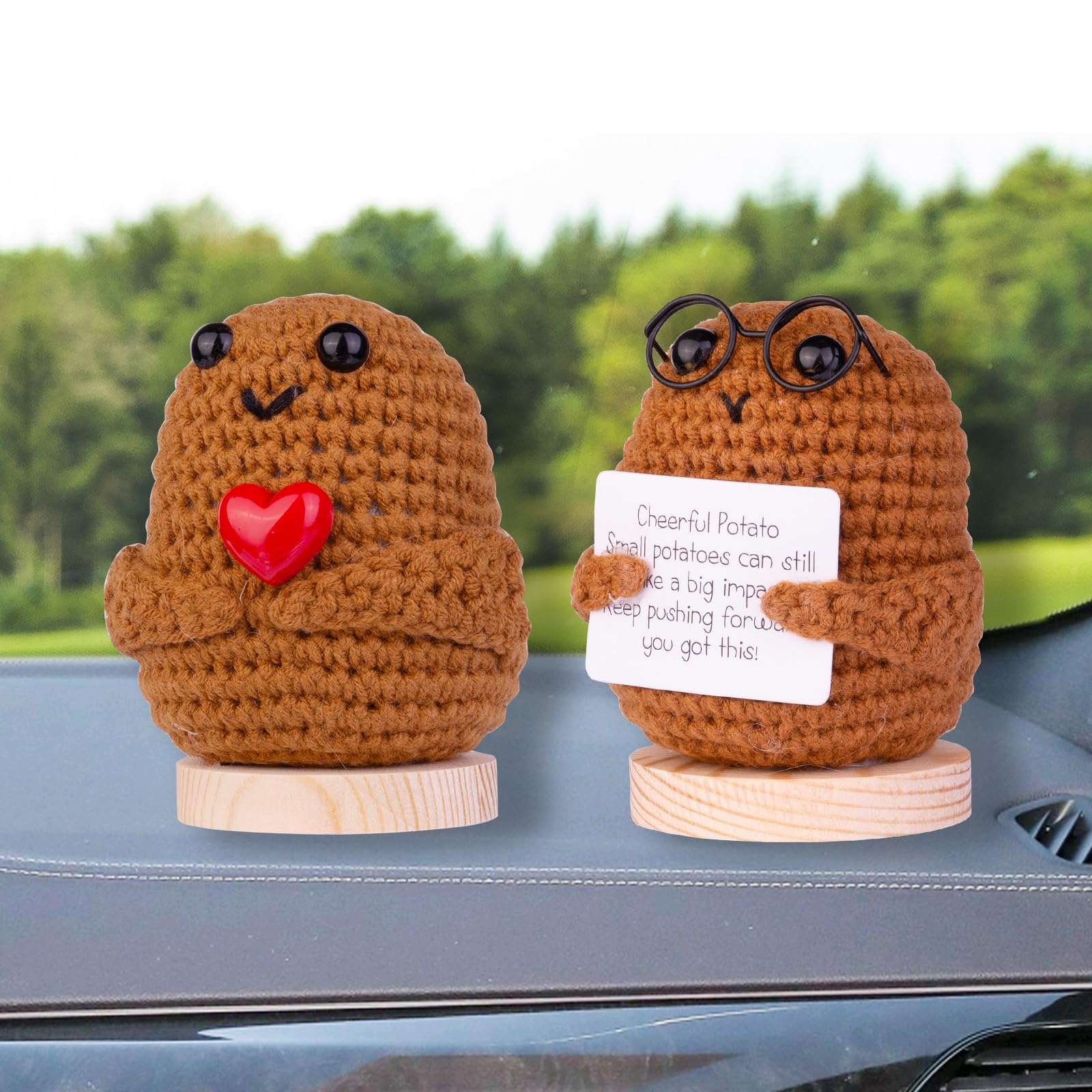 Handmade Crochet Potato Doll - Emotional Support Wool Knitted Gift with Wooden Base for Car, Home & Office Decor (Cute Potato Plushie) - Perfect Stress Relief Companion for Work, Travel and Cozy Home Decor