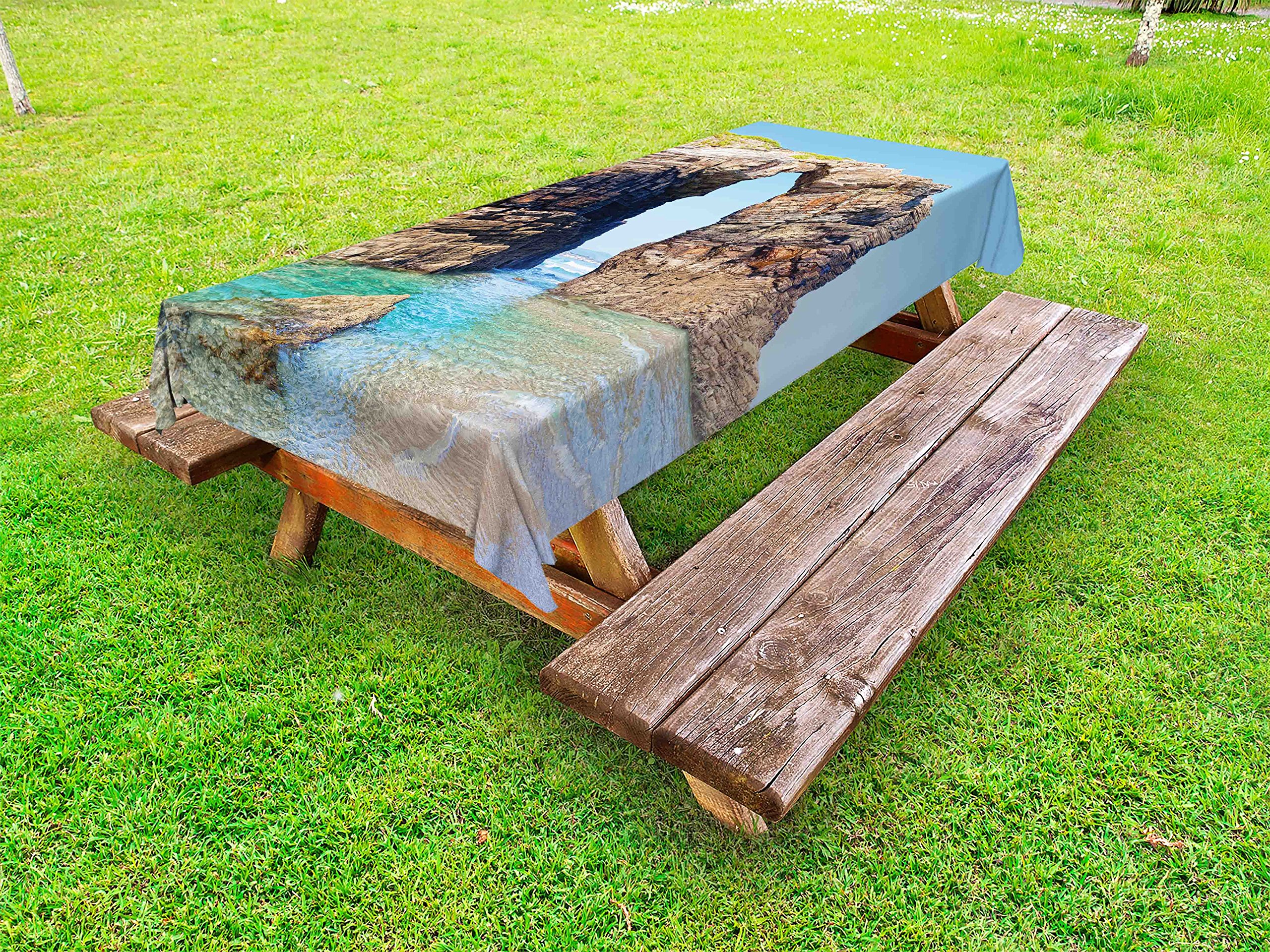 Ambesonne Waterproof Beach Tablecloth - Vintage Spanish Seacoast Mediterranean Print, Washable Outdoor Picnic Table Cover 58x84 Inches, Blue & Cream - Perfect for Seaside Dining, Backyard BBQs and Summer Parties