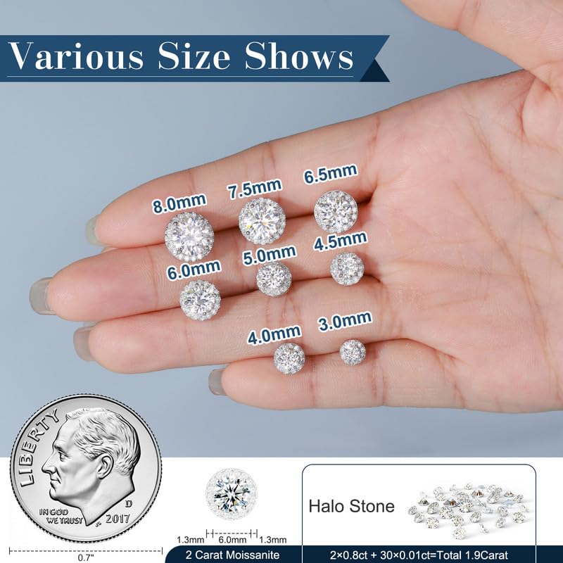 Moissanite Halo Stud Earrings 0.2-4 Carats (3-8mm) - 18k Gold Plated 925 Sterling Silver - D Color VVS1 Round Cut - Wedding, Anniversary & Mother's Day Gifts for Women & Men - Perfect for Bridal Jewelry, Date Night & Special Occasions