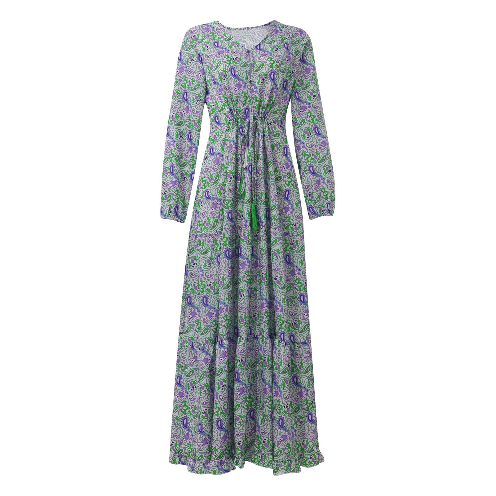 FOVIGUO Women's Bohemian Maxi Dress Long Sleeve V-Neck Empire Waist Floor Length Summer Vacation Dress - Green | Beach Wedding, Party, Date Night Outfit