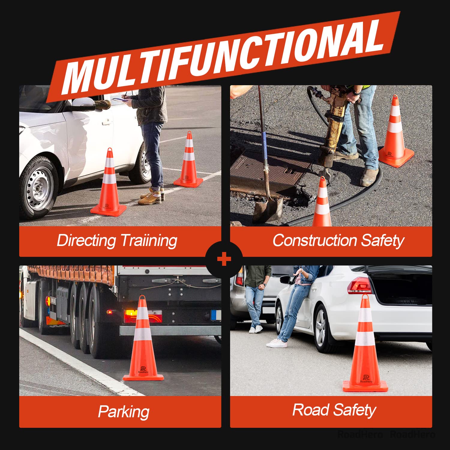 RoadHero 12 Pack 28 Inch Orange Traffic Safety Cones with Reflective Collar - Heavy Duty Parking Lot Cones for Sports Training, Driving Practice, Construction Zones & Road Safety | Perfect for Events, School Activities & Emergency Situations