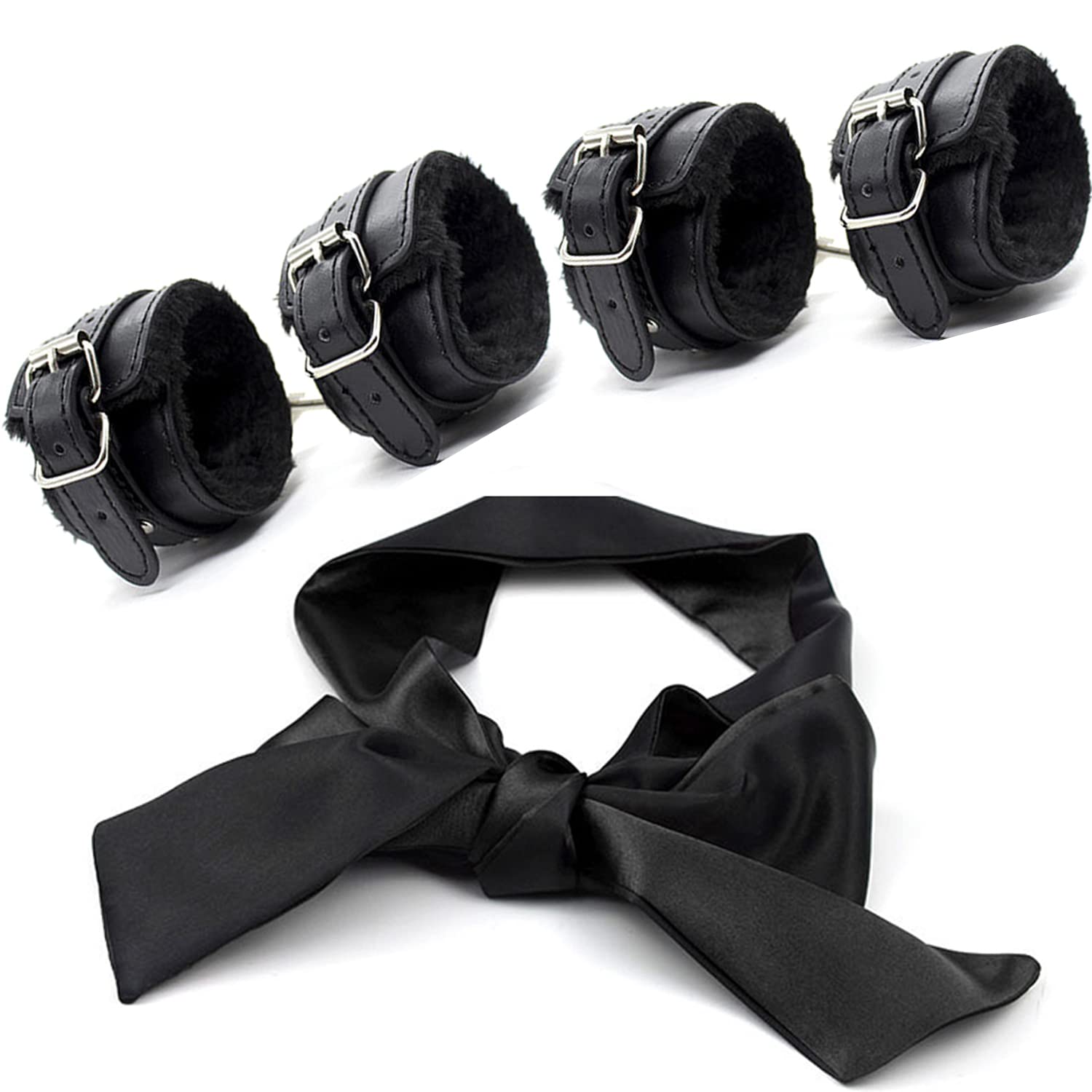 Leather Bondage Set - SM Handcuffs & Blindfold for Adults - Fetish Restraints, Wrist & Ankle Cuffs - BDSM Sex Toys for Couples - Perfect for Roleplay, Spicing Up Bedroom & BDSM Scenes