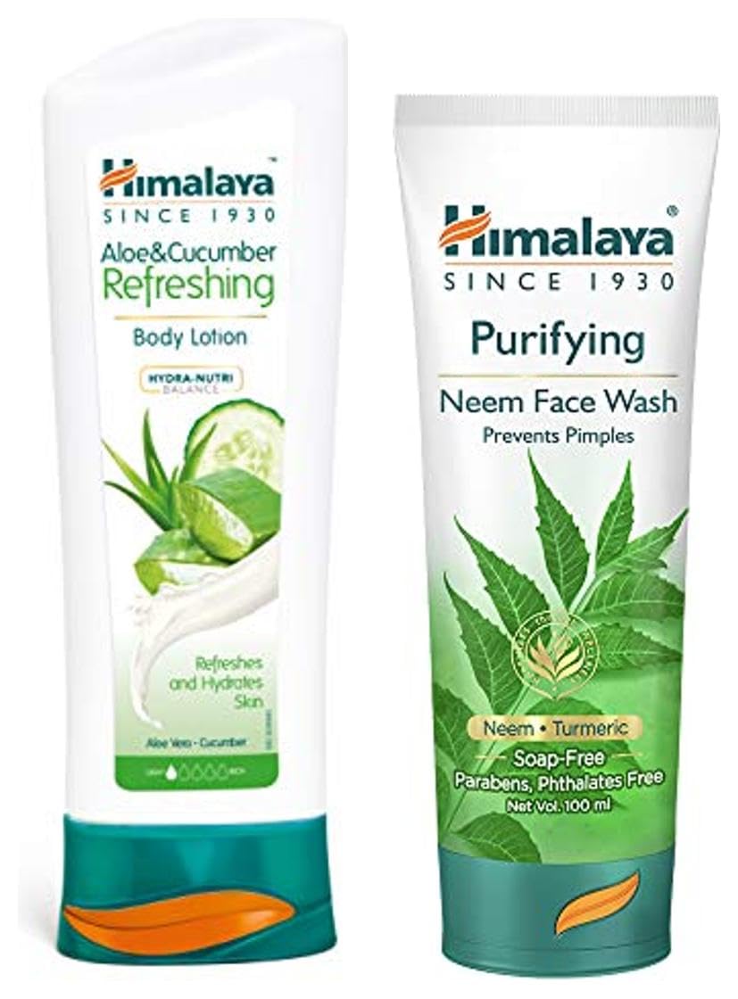Himalaya Aloe & Cucumber Refreshing Body Lotion 200ml & Himalaya Herbals Purifying Neem Face Wash 100ml - Hydrating Skincare Duo for Daily Moisturizing & Deep Cleansing | Perfect for Dry Skin & Acne-Prone Skin Care Routine