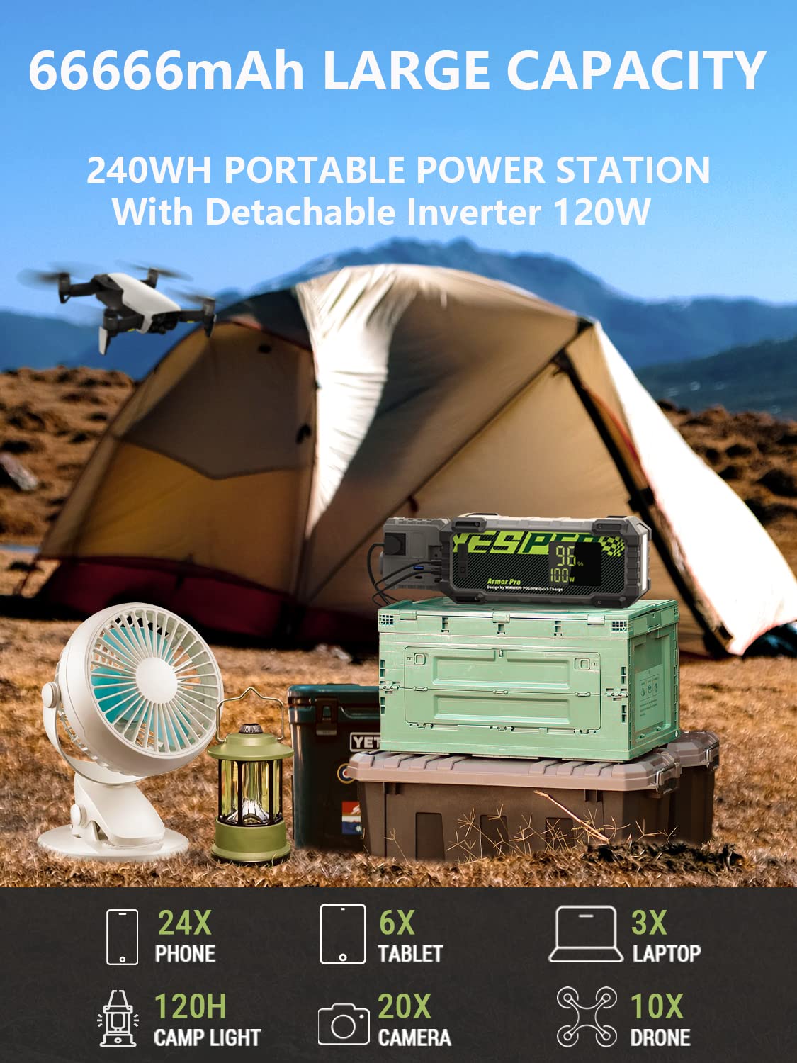 YESPER 240Wh Portable Power Station - 120W AC Outlet, 100W PD USB-C Input/Output, Solar Generator for Camping, Road Trips, Travel & Emergency Power Backup | Compact & Lightweight for Outdoor Adventures