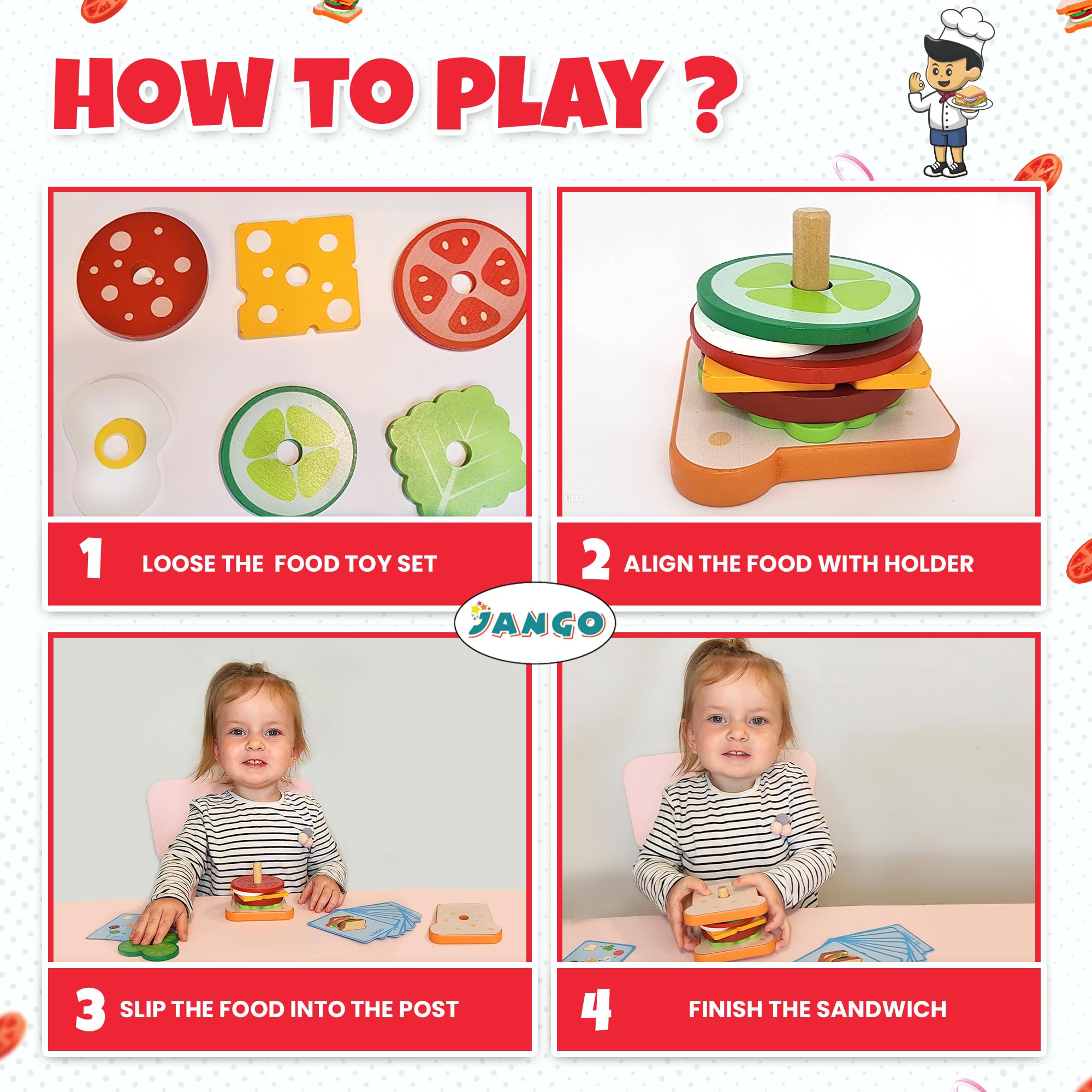 Montessori Wooden Stacking Toys for Toddlers - Burger Sandwich Set for 3 Year Old Kids | Educational Learning Toys for Fine Motor Skills Development | Preschool Play Food for Imaginative Kitchen Role Play