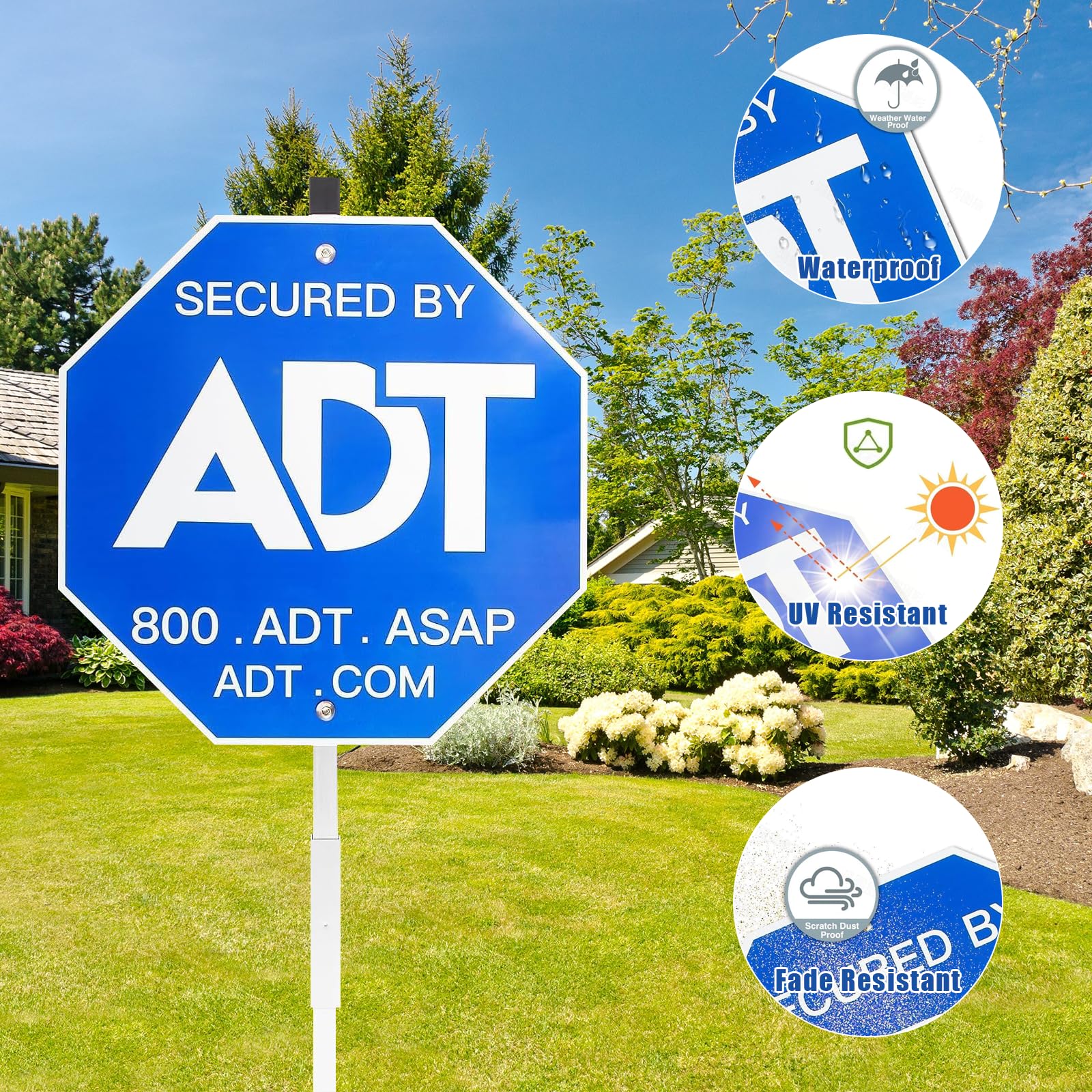 28 Inch ADT Security Yard Signs with Metal Stake & 10 Window Stickers - Heavy Duty Weatherproof Aluminum Home Security Warning Signs for House Protection - Perfect for Front Yard, Backyard, Garage & Windows