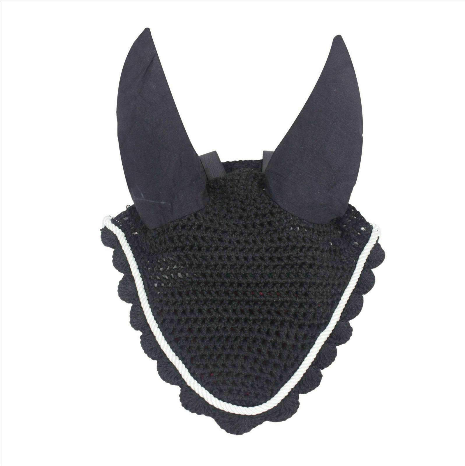 Breathable Cotton Horse Ear Bonnet with Crochet Fly Veil - Full Size for Riding, Training & Show - Comfortable & Lightweight Equestrian Accessory for Fly Protection