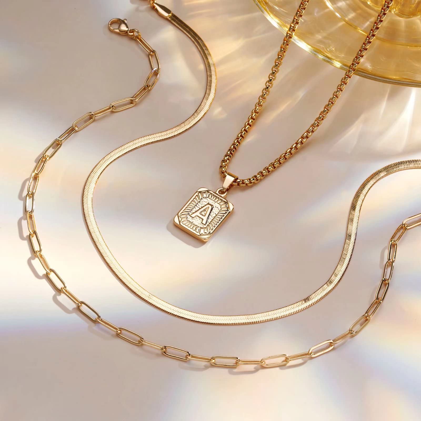 14K Gold Plated Layered Initial Necklace for Women - Personalized Letter Pendant, Snake Chain & Paperclip Choker Set | Elegant Layering Jewelry for Everyday Wear, Date Nights & Special Occasions