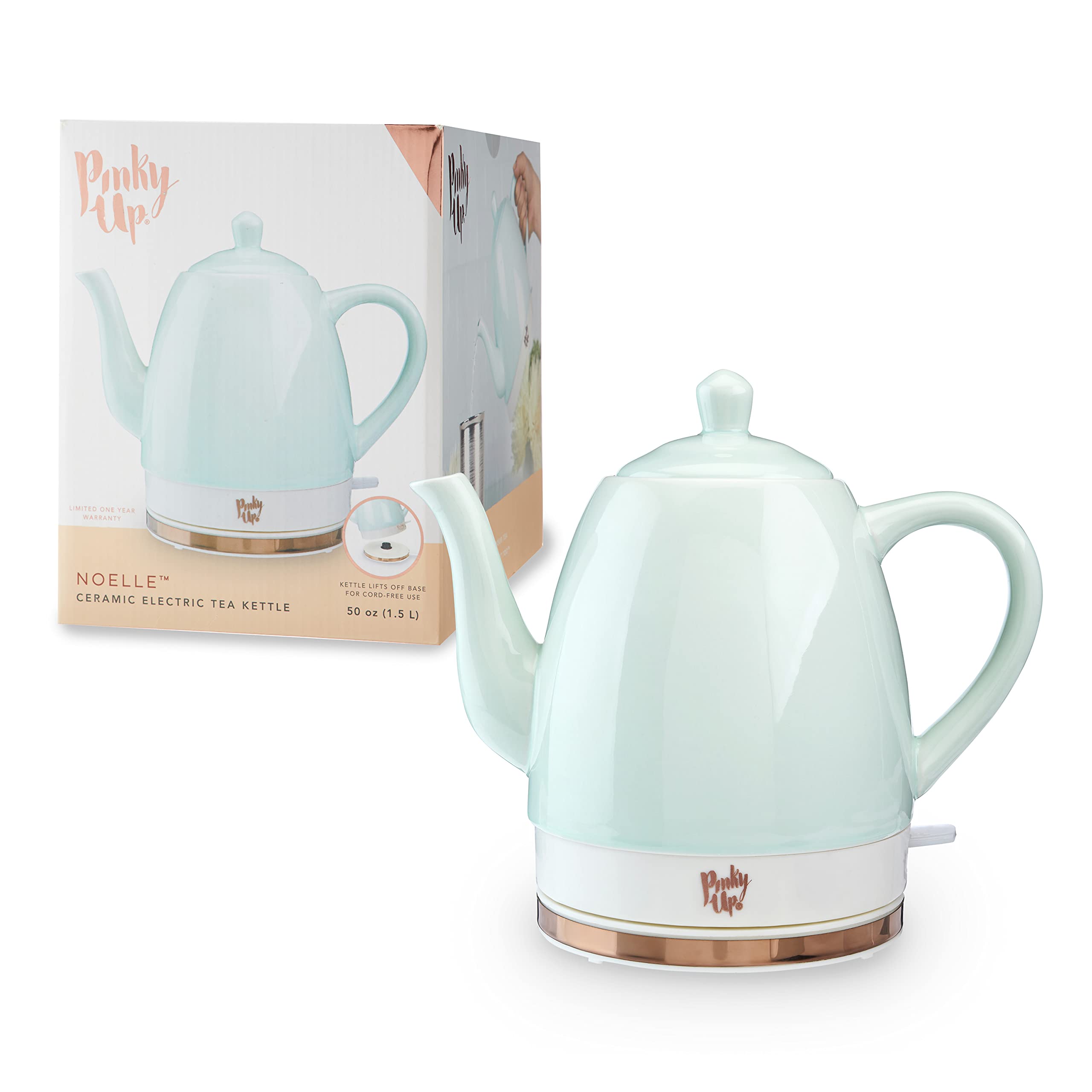Pinky Up Noelle 1.5L Electric Gooseneck Kettle with Precise Temperature Control - Cordless Ceramic Tea Kettle for Pour Over Coffee, French Press & Loose Leaf Tea - Mint & Rose Gold Colors - Perfect for Home, Office & Gift Giving