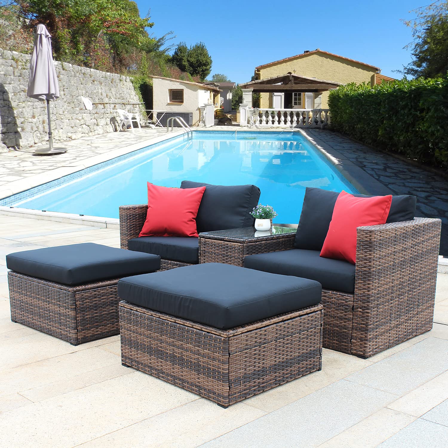 5-Piece All-Weather Wicker Patio Furniture Set - Outdoor Rattan Sectional Sofa with Cushions & Coffee Table - Perfect for Porch, Backyard, Garden & Poolside Relaxation