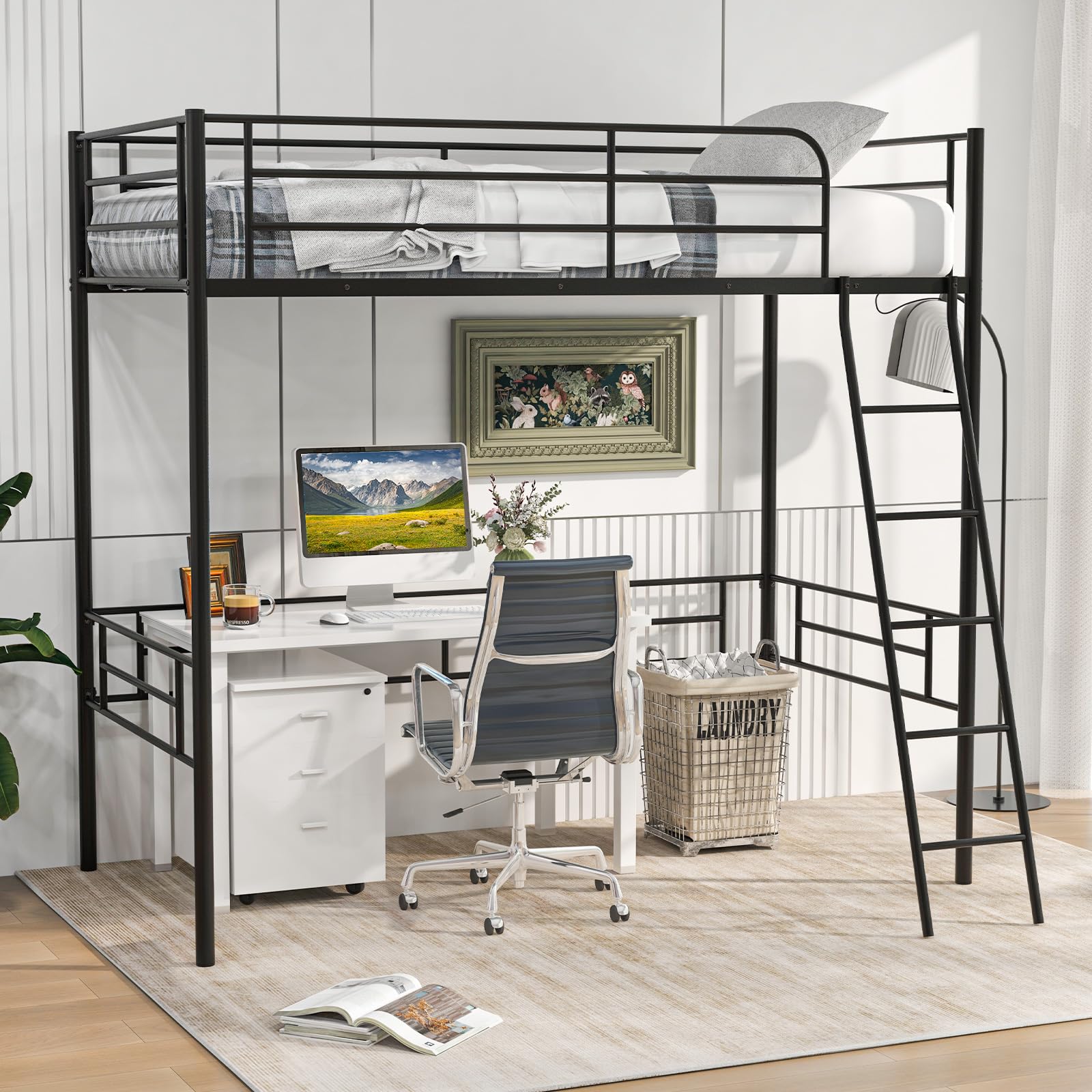 Giantex Twin Size Metal Loft Bed Frame with Ladder & Safety Guardrail - Space Saving Bunk Bed for Teens and Adults - No Box Spring Needed - Black - Perfect for Small Bedrooms, Dorms, and Studio Apartments