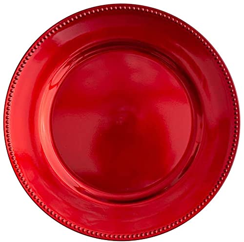 Elegant Red Plastic Charger Plates with Beaded Rims - 13 Inch Set of 6 for Wedding, Party, and Holiday Table Decor