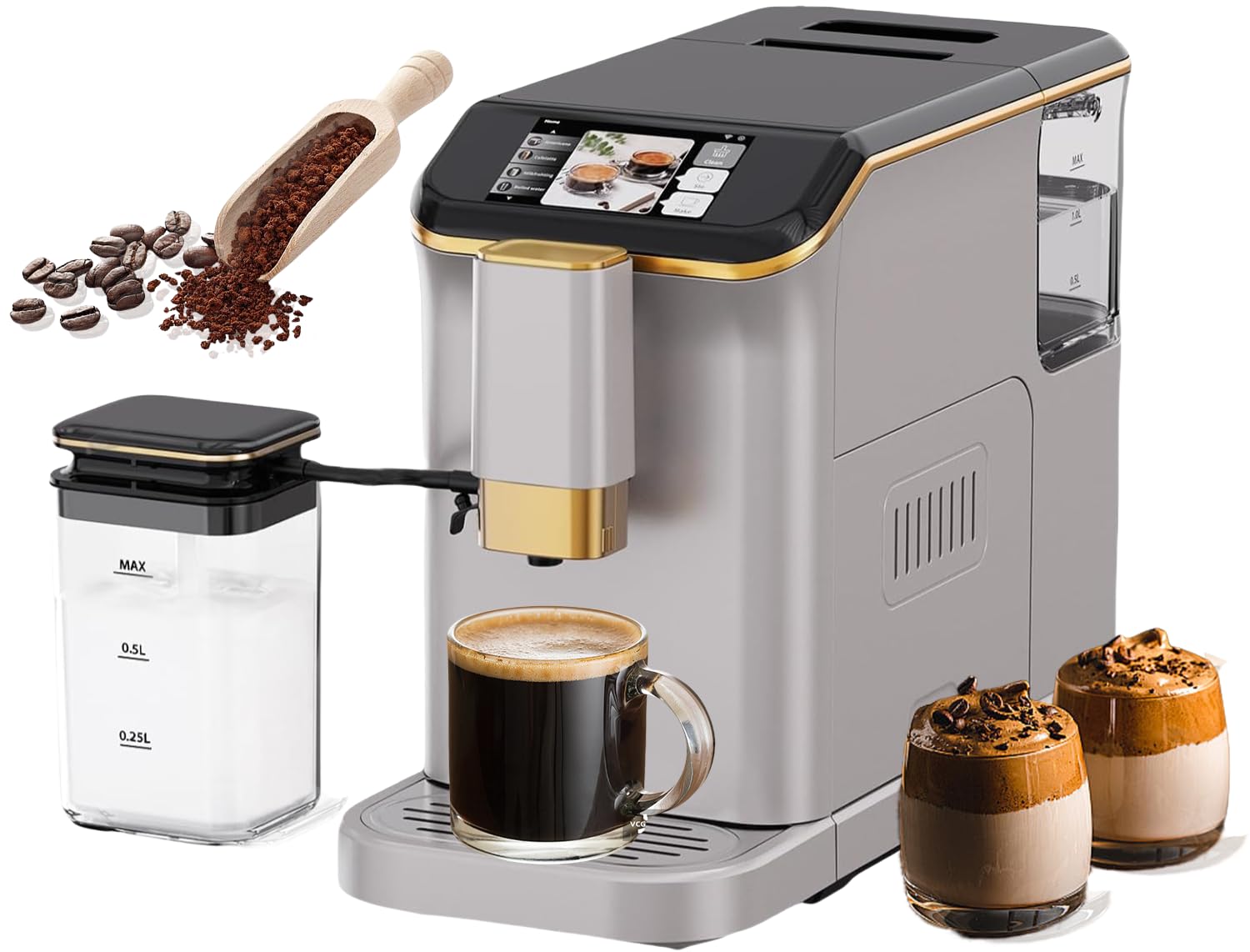 Fully Automatic Espresso Coffee Machine with Milk Frother - 20 Bar Pressure, 15 Grind Settings, 8-in-1 Coffee Maker with TFT Touchscreen & Removable Tank - Perfect for Home, Office, and Cafe Use - Make Espresso, Cappuccino, Latte & More