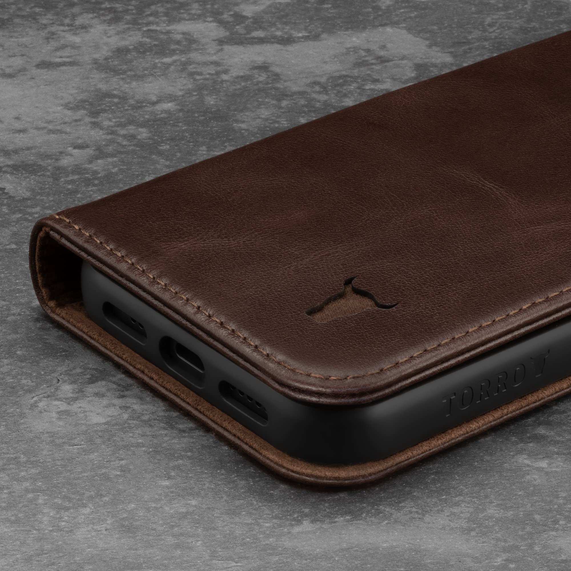 Premium TORRO Genuine Leather Wallet Case for iPhone 12 Pro Max - Slim Protective Cover with Card Holder & Kickstand Function (Dark Brown) | Perfect for Business, Travel & Everyday Use