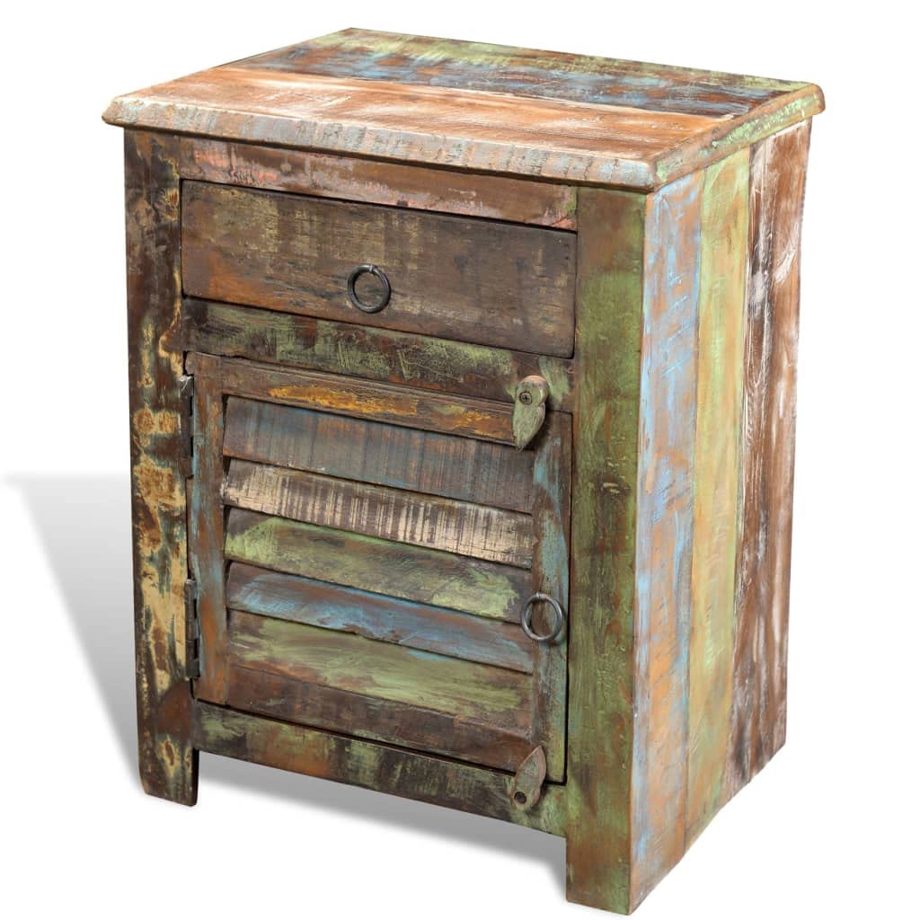 Handmade Antique-Style End Table with Drawer & Door - Solid Reclaimed Wood Cabinet with Iron Ring Pulls - 17.7