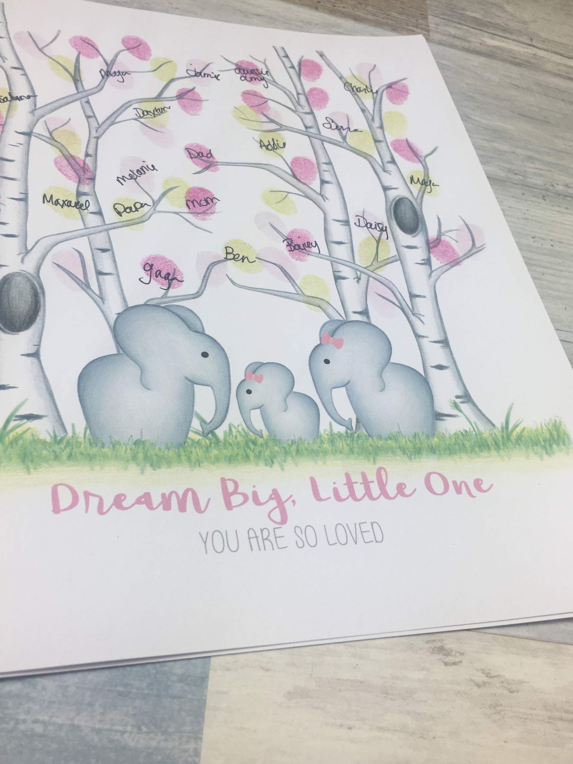 Personalized Elephant Themed Baby Shower Gift - Custom Thumbprint Tree Keepsake for Girls, Unframed Nursery Wall Art, Birch Tree Decor for Baby Room or Gender Reveal Party