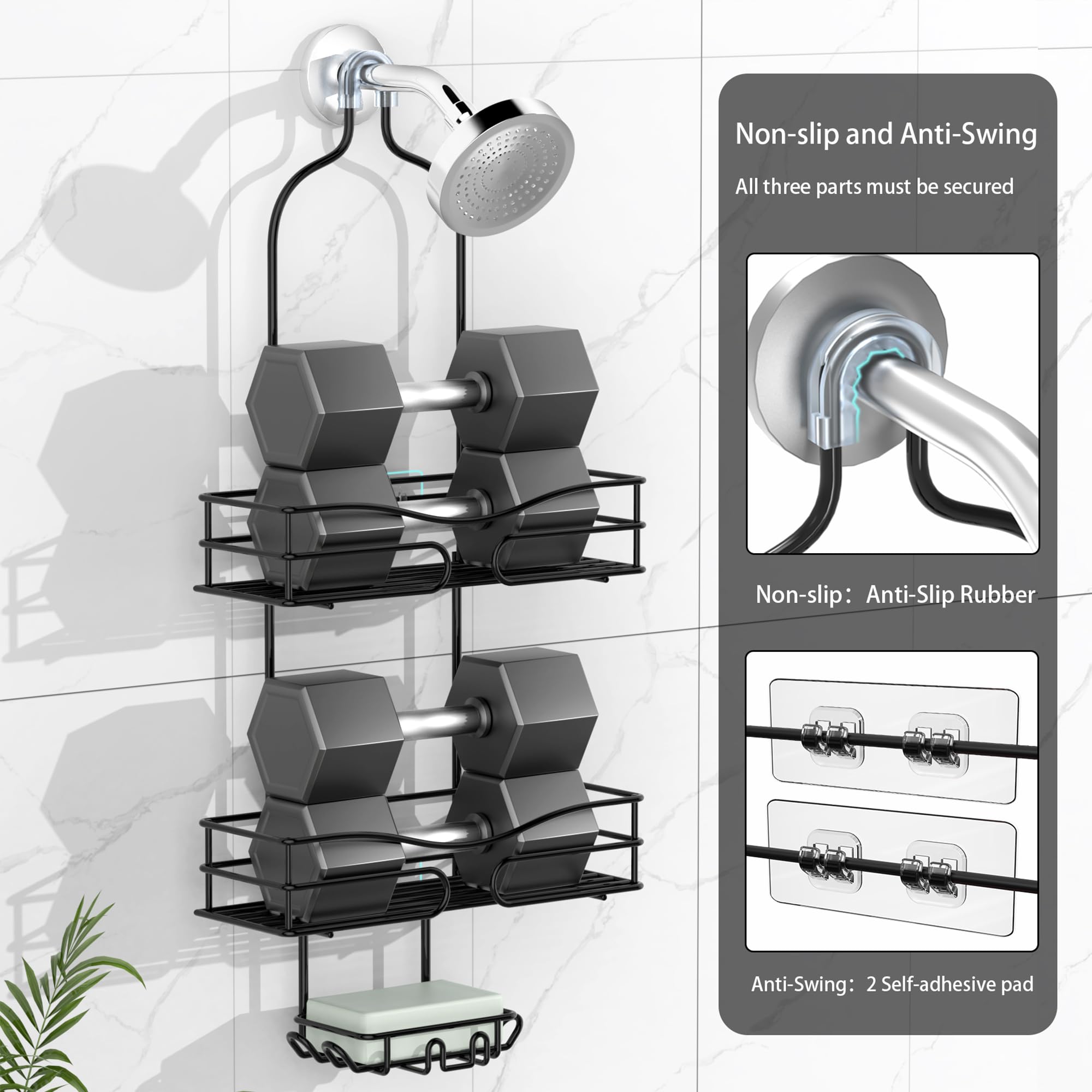 3-Tier Hanging Shower Caddy Organizer with Soap Holder & 6 Hooks - Bathroom Storage for Towels, Sponge & Toiletries - Fits 21mm Shower Head Arm - Space Saving Black Shower Shelf (Perfect for Small Bathrooms & Dorm Showers)