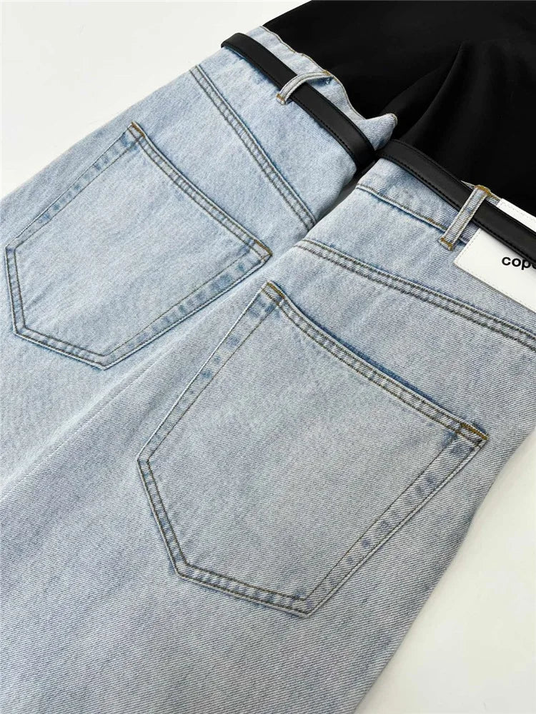 DEAT Fashion Women's High Waist Straight Leg Jeans with PU Leather Patchwork & Buckle Details - Trendy Streetwear Denim Pants for Spring 2023 | Perfect for Casual Outings, Parties and Everyday Wear