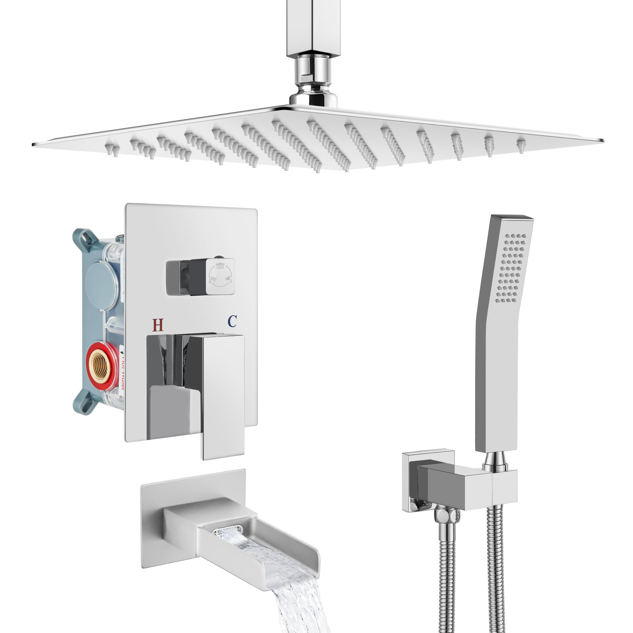 12 Inch Rainfall Shower Head - 3 Function Ceiling Mount Bathroom Shower System with Handheld Spray & Waterfall Tub Spout, Polish Chrome Finish | Perfect for Modern Bathrooms, Spa-Like Experience, and Luxury Home Renovations