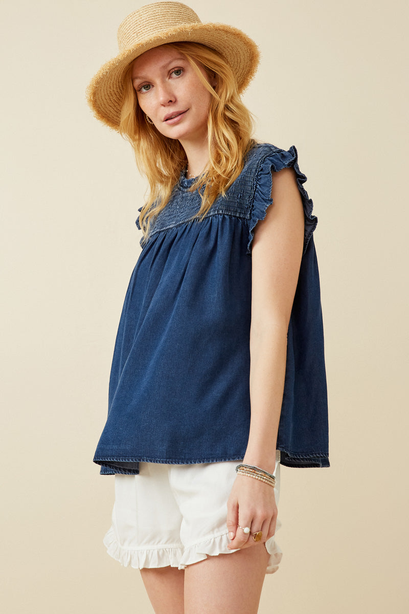 Stylish Ruffle Detailed Smocked Denim Tencel Tank Top for Women - Perfect for Summer Outfits, Beach Wear & Casual Fashion