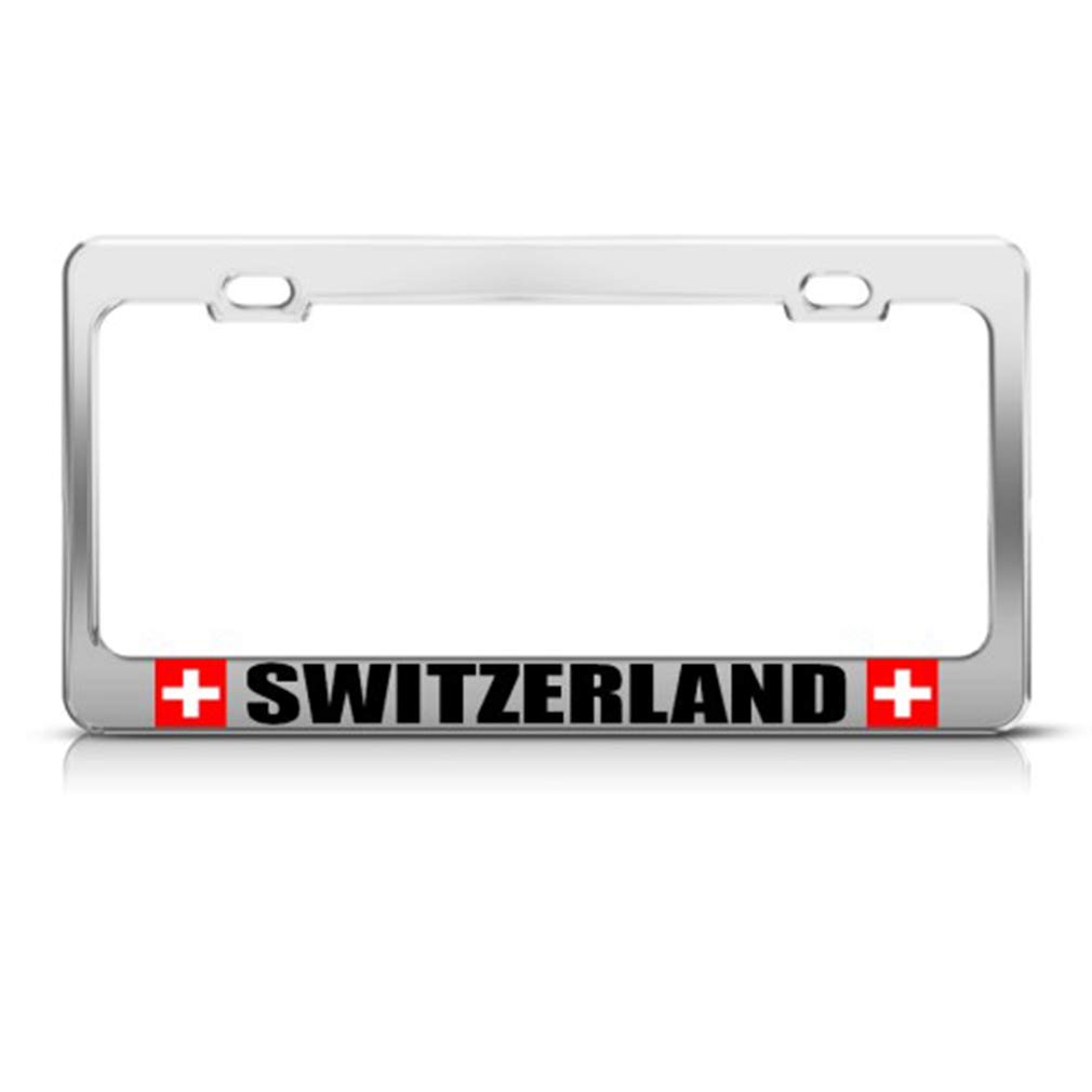 Speedy Pros Metal License Plate Frame with Swiss Switzerland Flag - Chrome 2 Hole Car Accessory for European Style Vehicles | Perfect for Car Enthusiasts & National Pride Display