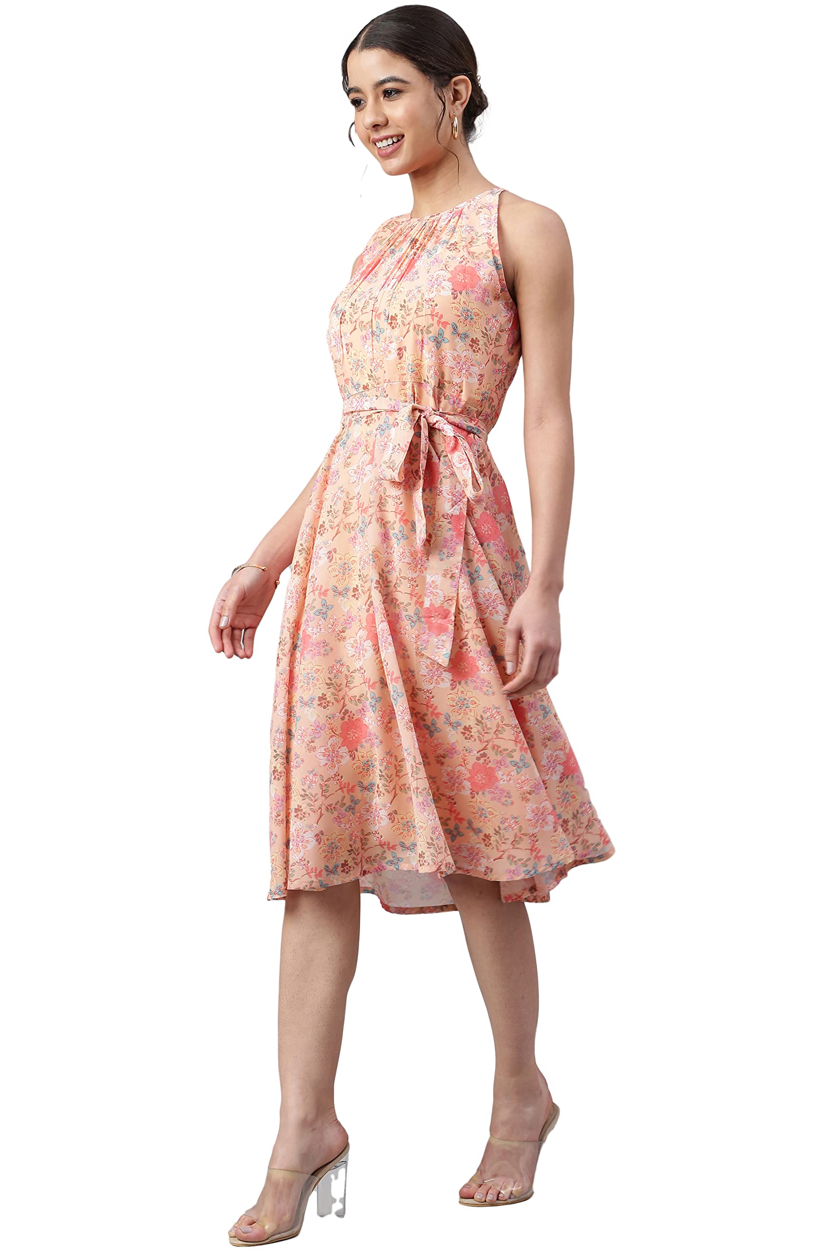 Janasya Indian Women's Peach Georgette Floral Print A-line Western Dress - Elegant Party Wear for Weddings, Festivals & Special Occasions