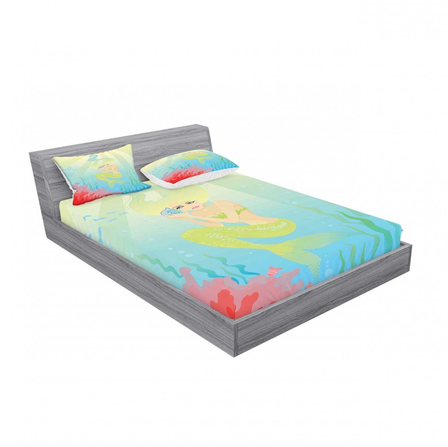 Ambesonne 2-Pack Fitted Sheet & Pillow Sham Set - Unique Mermaid Shell Design, 4-Piece Coral Blue Bedding Set (Includes 2 Twin XL Fitted Sheets & 4 Pillow Covers) for Coastal Themed Bedrooms, Guest Rooms & Beach House Decor