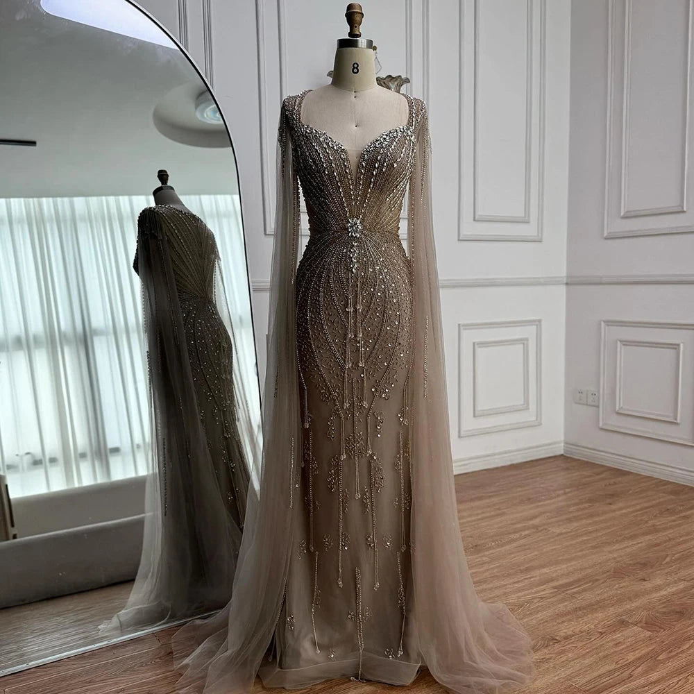 Elegant Beige Beaded Evening Dress with Cape Sleeves - LA72992 | Formal Gown for Prom, Wedding & Special Occasions
