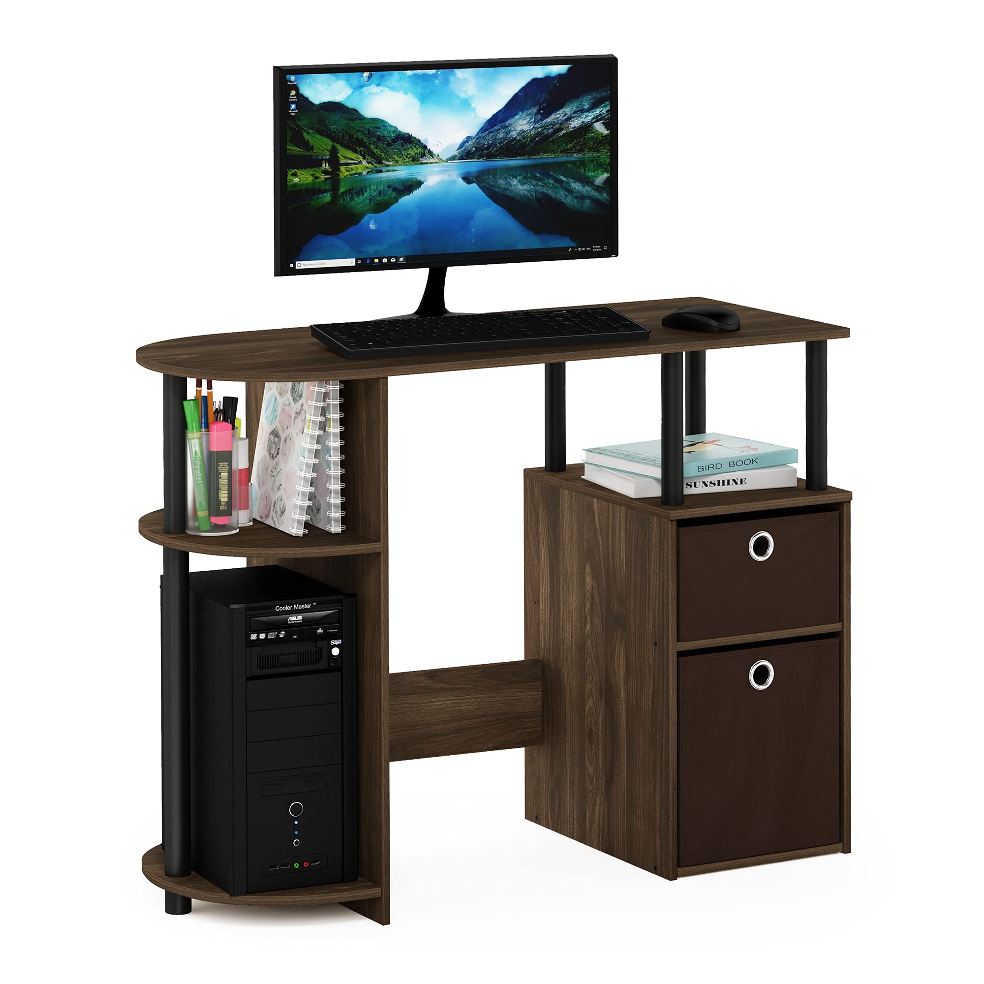 Furinno JAYA Simplistic Computer Study Desk - Columbia Walnut, Black, Dark Brown | Compact Home Office Desk for Small Spaces, Dorm Room, Bedroom & Workspace