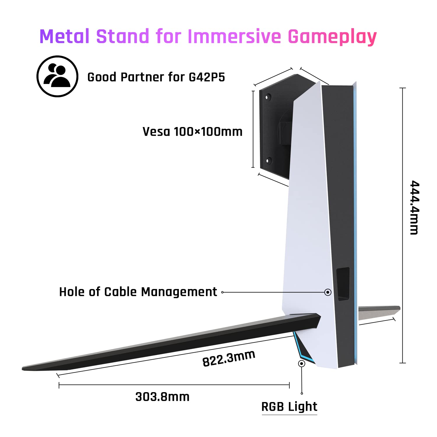 Ergonomic White Computer Monitor Stand with RGB Lighting - Adjustable Tilt (-5° to +20°), 100×100mm VESA Mount Compatible for Gaming & Office Monitors - Perfect for OLED Screens, Workstations & Home Desks