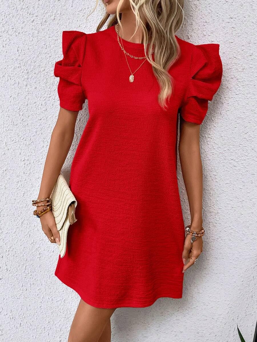 Stylish Narecte Summer Dresses for Women - Puff Sleeve Casual T-Shirt Dress, Solid Color Tunic Work Dress - Perfect for Office, Beach & Weekend Outings