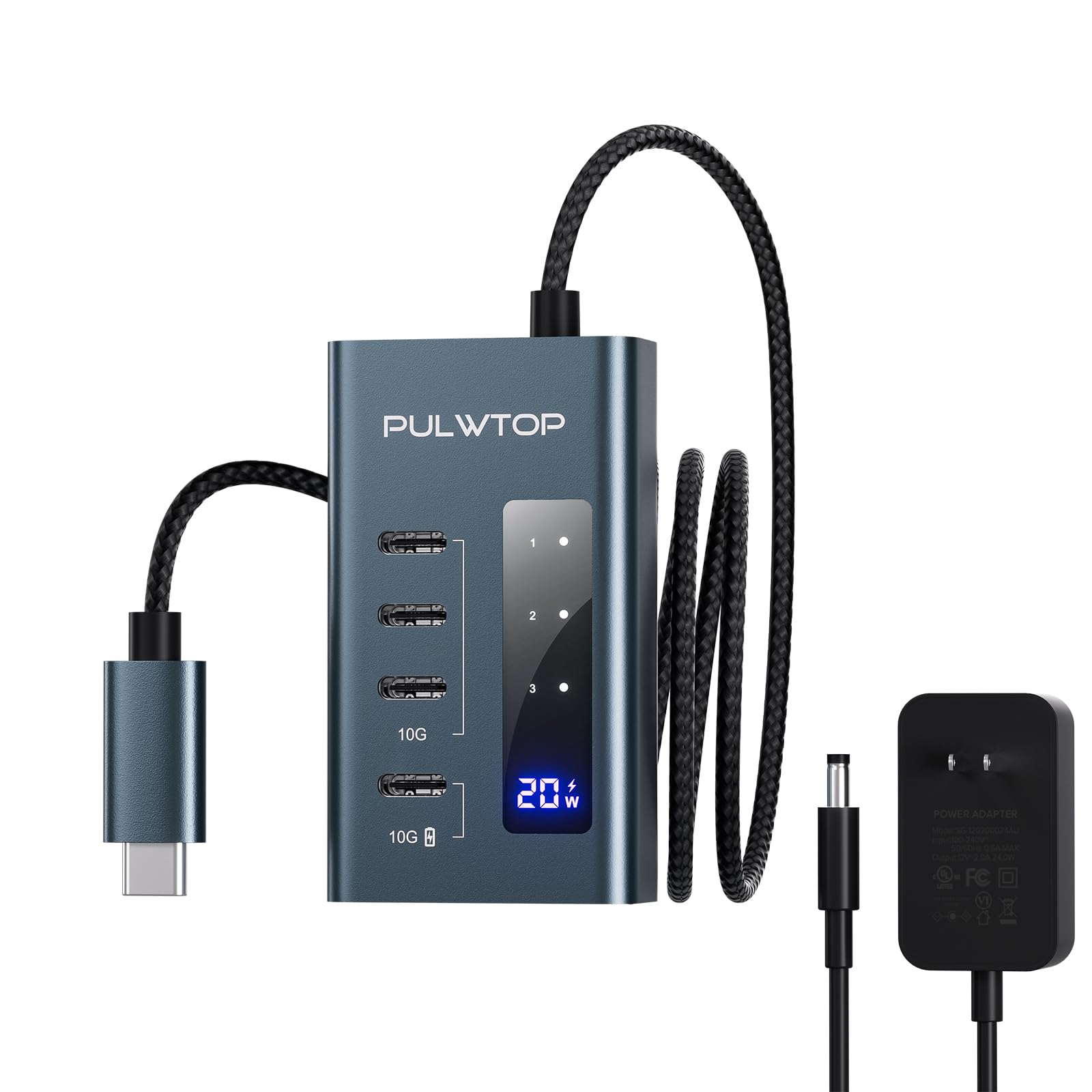 PULWTOP 4-in-1 USB C Hub with 24W UK Plug Adapter - 20W Charging Port & 3x 10Gbps USB C Gen2 Ports - Compatible with MacBook Pro/Air, iMac, iPad - Perfect for Home Office, Travel & Multi-Device Charging