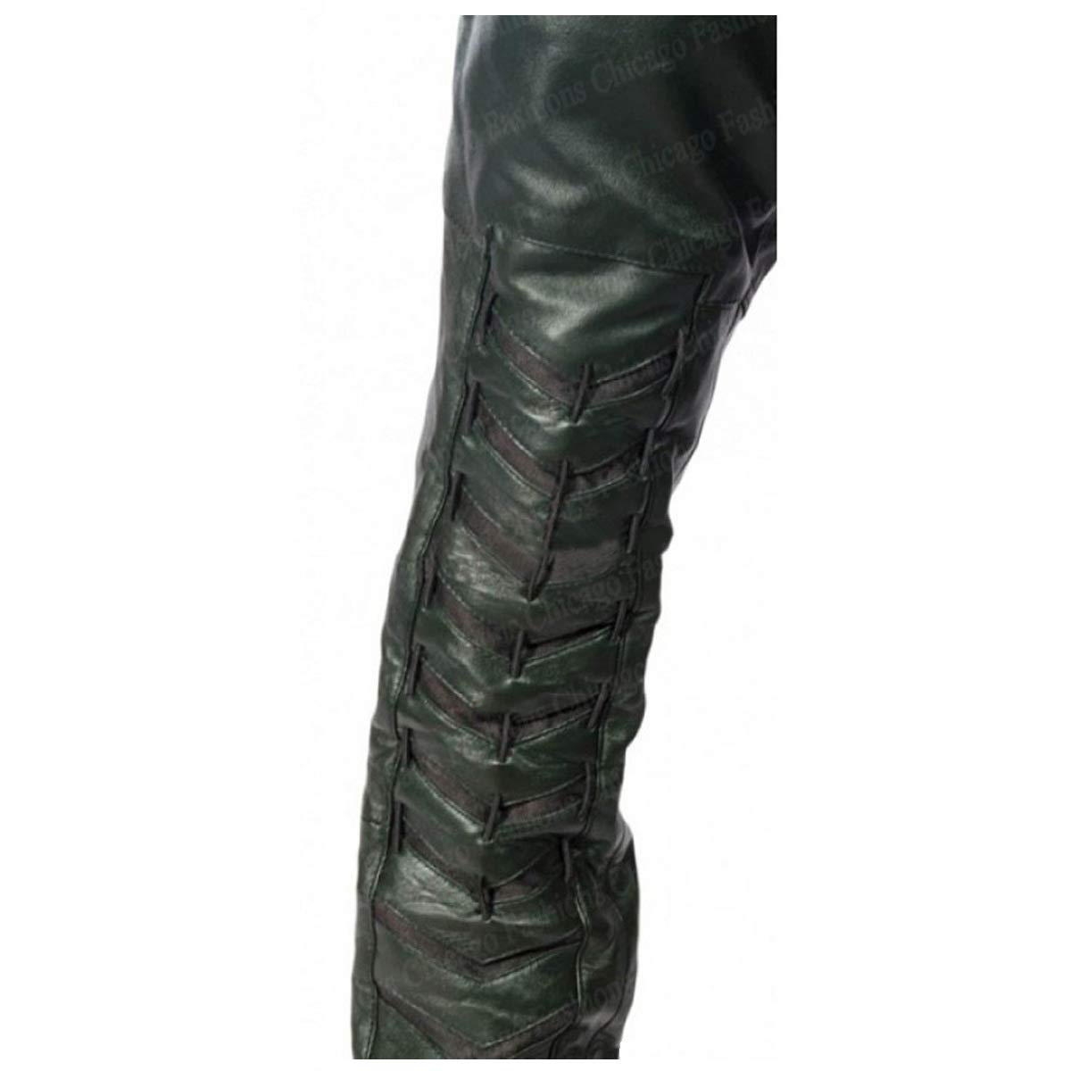 Men's Queen Superhero Stephen Amell Green Jacket with Hood & Oliver Black Leather Costume Pants - Arrow TV Show Cosplay, Halloween Costume, Comic-Con Outfit
