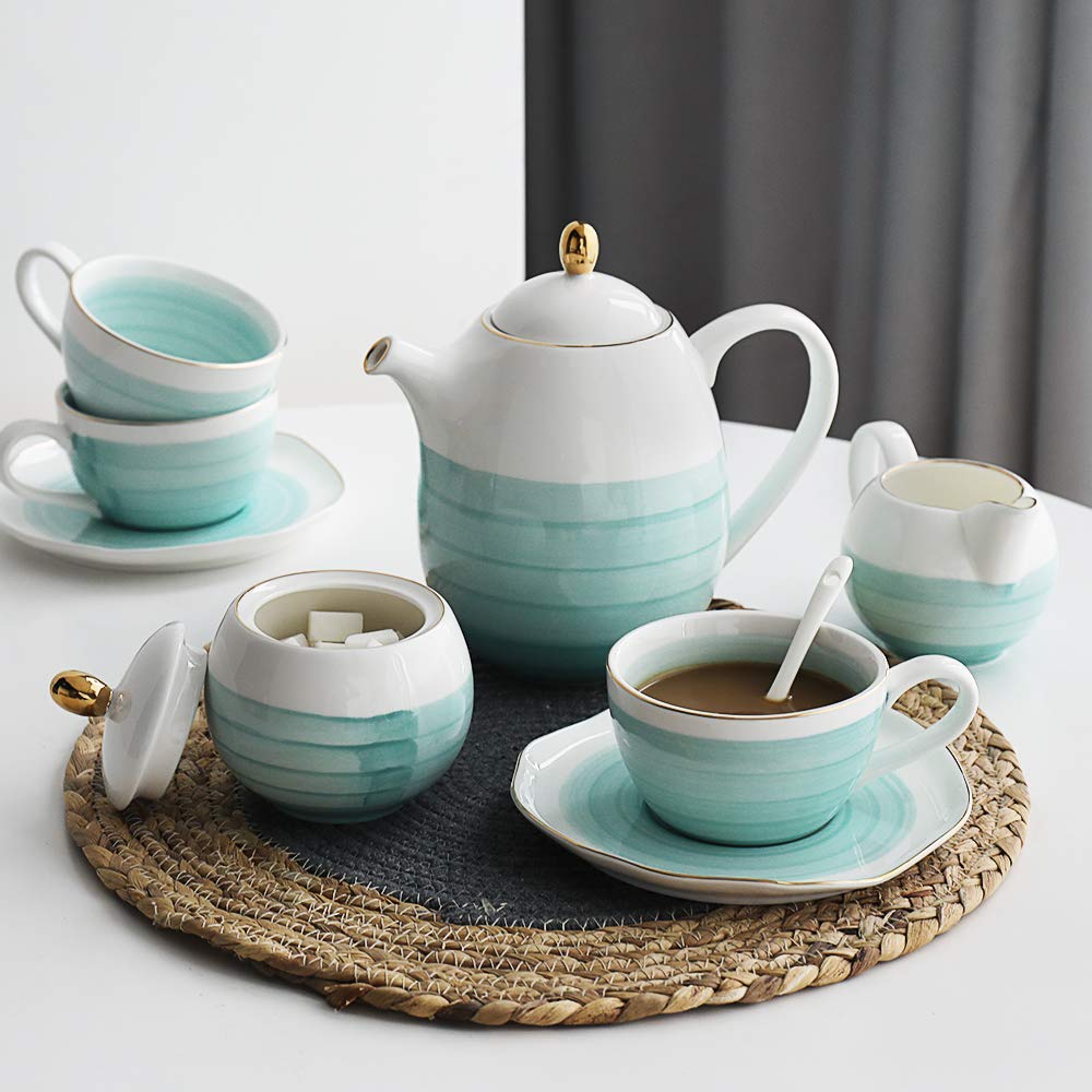 SWEEJAR Elegant Porcelain Tea Set with Hand-Painted Floral Design & 3-Tier Ceramic Cake Stand - Perfect for Afternoon Tea, Bridal Showers, and Elegant Home Decor