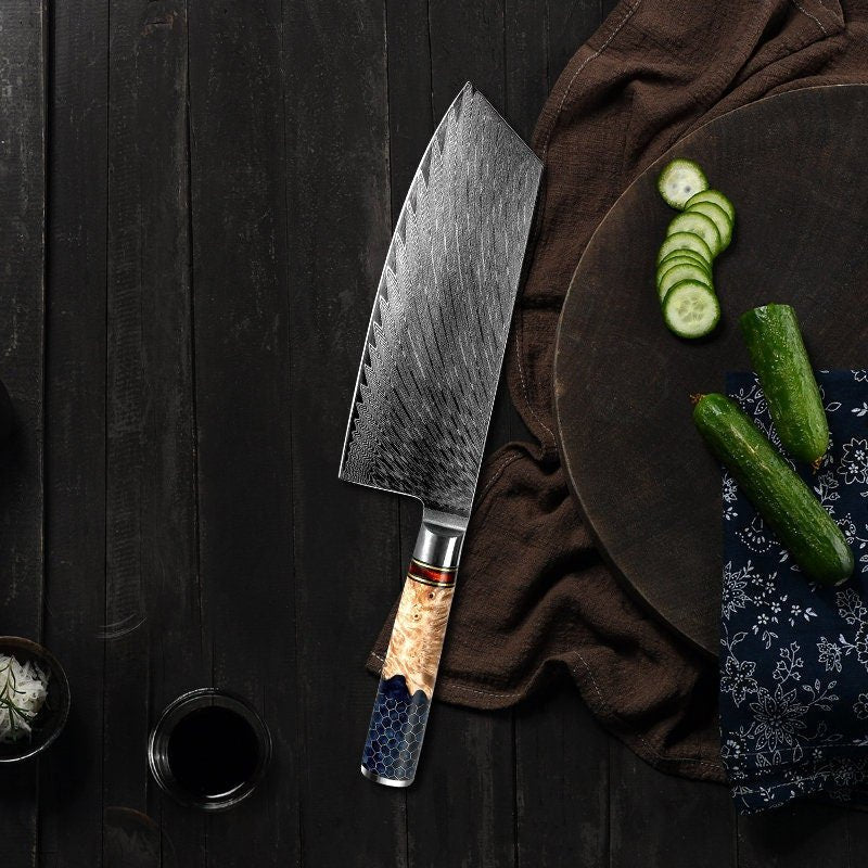 Premium Yamato VG10 Damascus Steel Cleaver Knife - Japanese Chef Knife with Exotic Olive Wood & Honeycomb Composite Handle - Perfect for Professional Chefs, Home Cooking & Meat Processing