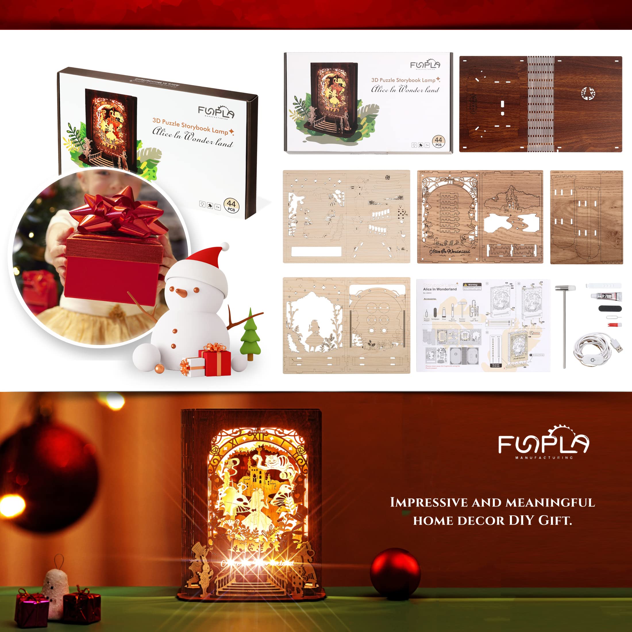 FUNPOLA 3D Puzzle Story Book Lamp - DIY Wooden LED Night Light for Kids & Adults | Alice in Wonderland Themed Bedside Decor | Perfect for Nursery, Bedroom & Gift Giving