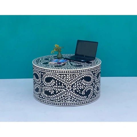Handmade Antique Bone Inlay Round Coffee Table - Black & White Geometric Design Center Table for Living Room, Lounge & Office Decor