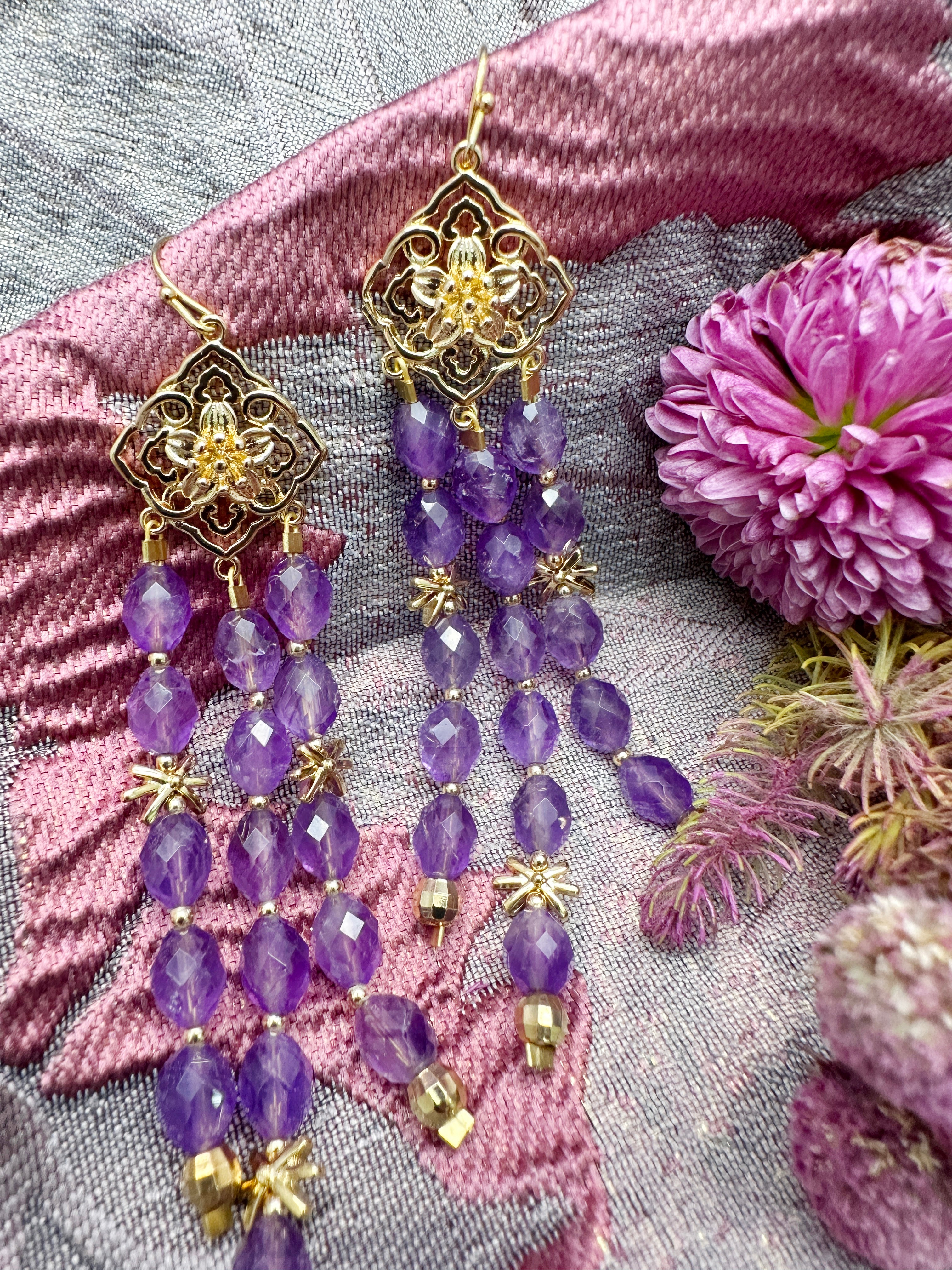 Bohemian Amethyst Beaded Tassel Drop Earrings for Women | Handmade Crystal Dangle Jewelry | Perfect for Festivals, Weddings & Boho Fashion