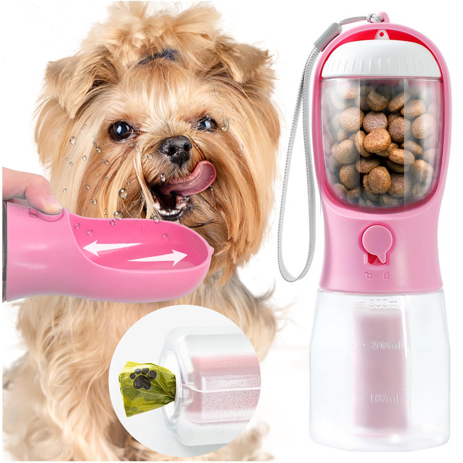 Portable Dog Water Bottle with Bowl - 10oz Pink for Outdoor Hiking & Walking