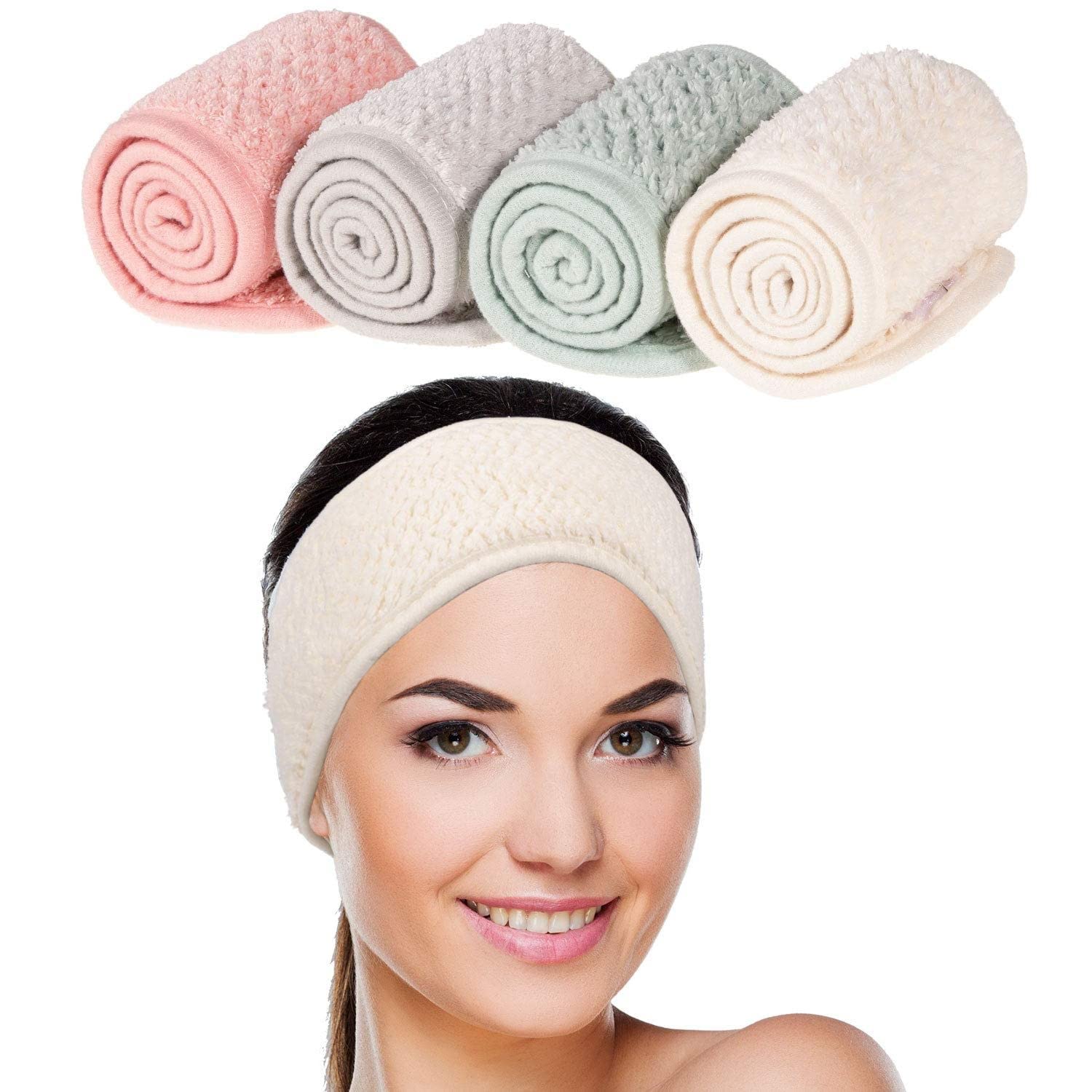 Shidara Spa Facial Headband Super Absorbent Makeup Hair Wrap - Adjustable Coral Fleece Hair Band for Women & Teens | Soft Towel Headband Set of 4 (Pea Green, Pink, Beige, Light Gray) | Perfect for Skincare, Facials, Hair Dye & At-Home Spa Days