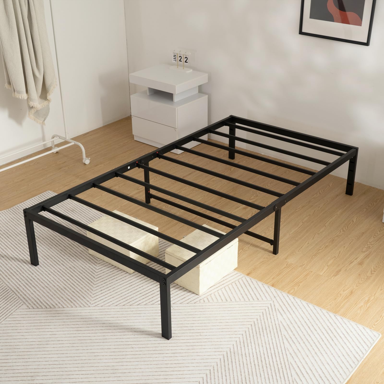 14 Inch Heavy Duty Metal Twin Bed Frame with Storage - No Box Spring Needed, Sturdy Steel Slats & Anti-Slip Support - Easy Quick Lock Assembly (Black) - Perfect for Small Spaces, Guest Rooms & Dormitories