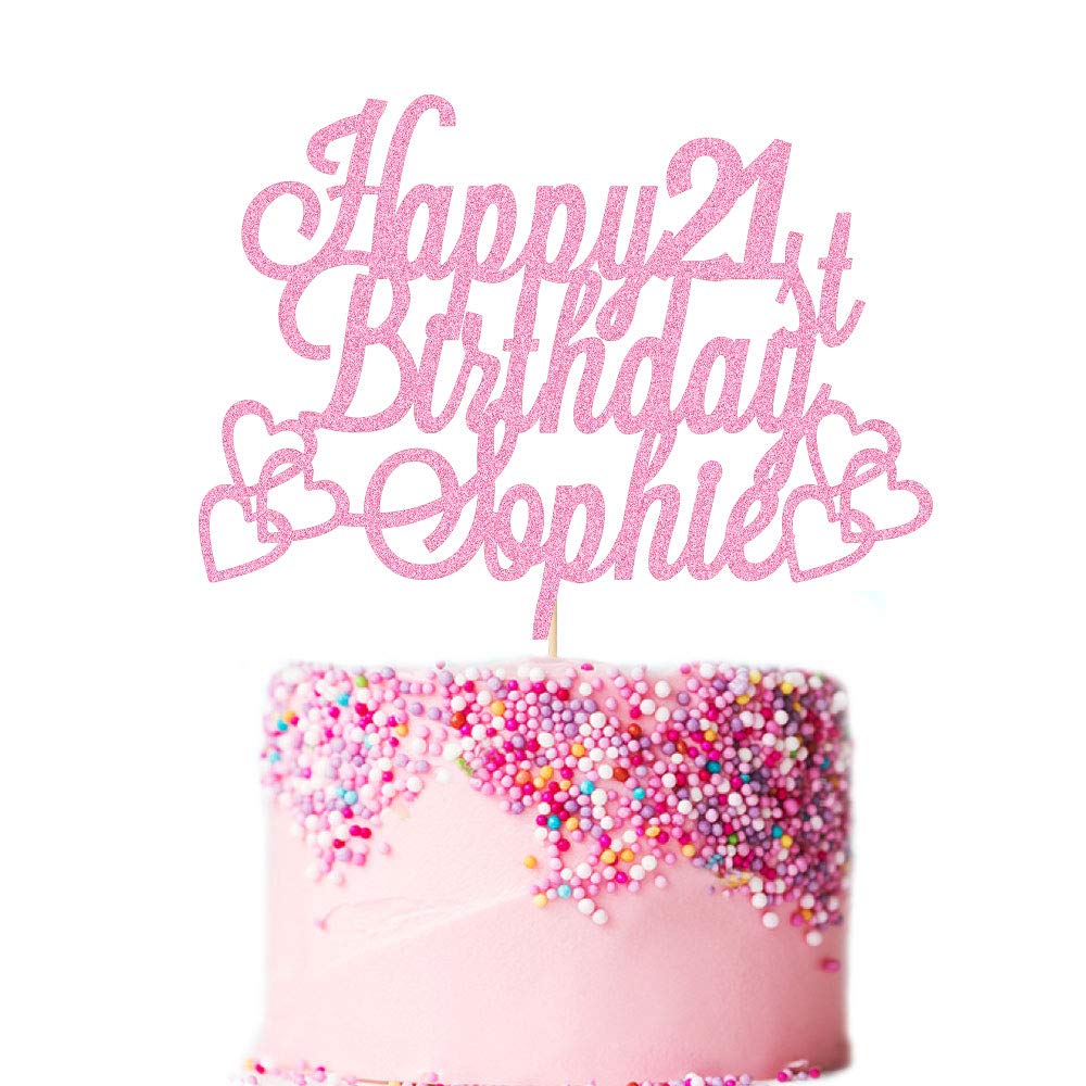 Custom Happy Birthday Cake Topper - Personalized Cake Decoration with Name & Age (16, 18, 21, 40, 60) | Double-Sided Glitter Card in Baby Pink | Perfect for Birthday Parties, Anniversaries & Special Celebrations