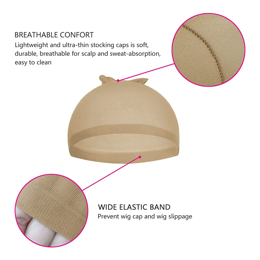 4 Pcs Stretchy Nylon Wig Caps - Brown Skin Tone Wig Cap for Women & Men, Breathable Bald Cap for Wigs & Cosplay - Perfect for Daily Use, Costume Parties & Hair Styling