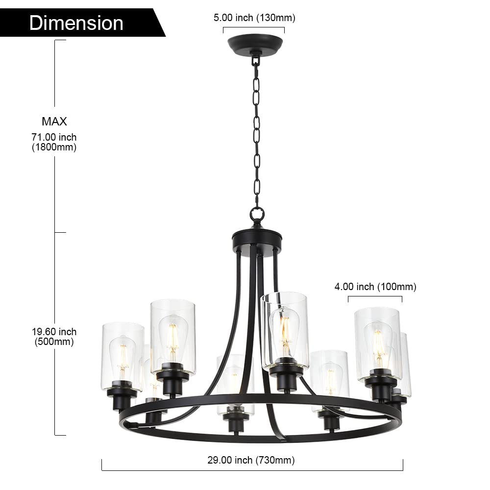 MELUCEE 8-Light Black Industrial Chandelier with Clear Glass Shades - Farmhouse Kitchen Island Pendant Lighting for Dining Room, Living Room, Bedroom | Perfect for Rustic Home Decor & Open Concept Spaces