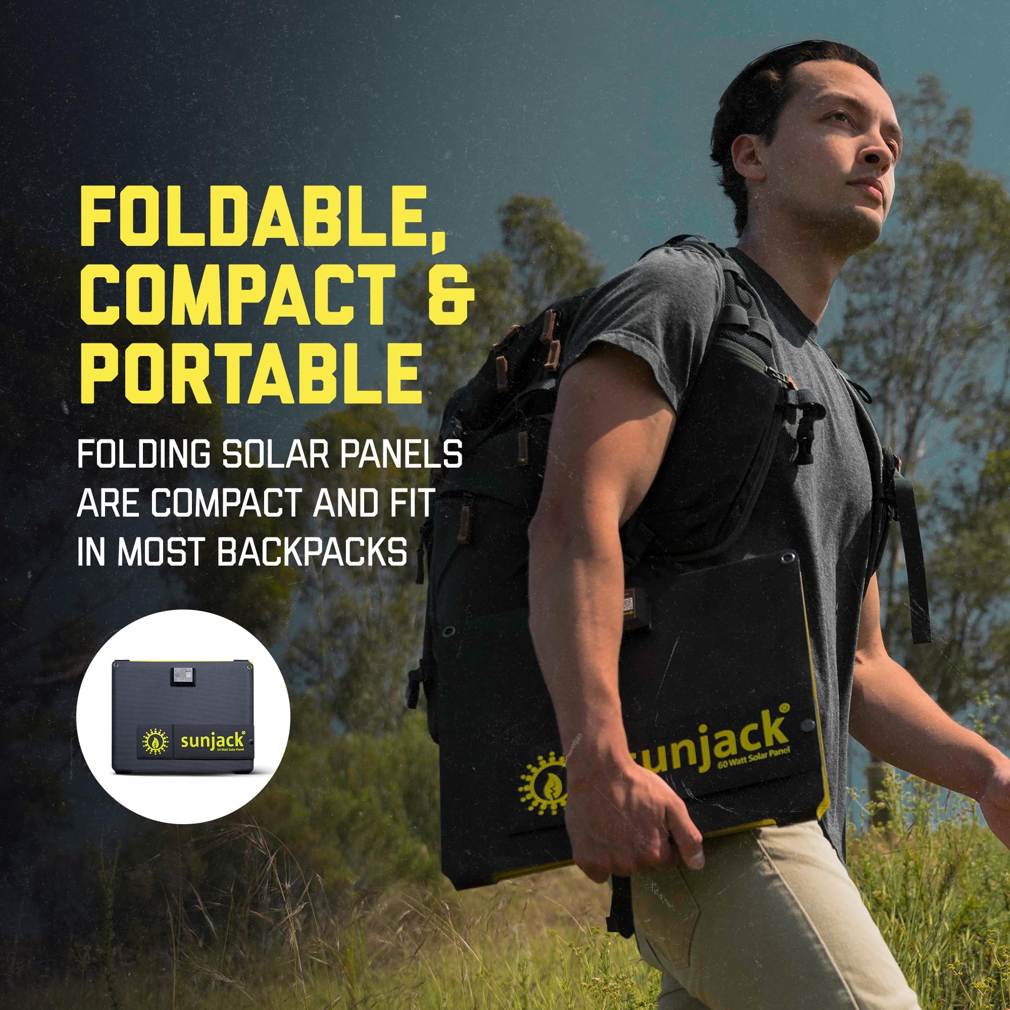 SunJack 60W Folding IP67 Waterproof ETFE Portable Solar Panel Charger with Kickstand + 100W 25600mAh Power Bank | DC/USB-A/USB-C PD30 Fast Charging for Phone, Laptop, Power Station | Perfect for Hiking, Camping, RV Trips & Emergency Power Backup