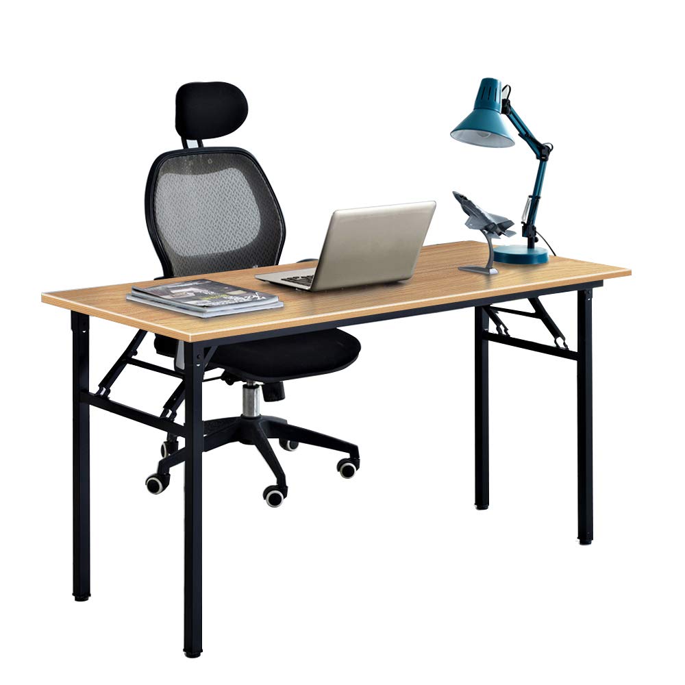 SogesFurniture 55-Inch Folding Computer Desk - BIFMA Certified, No Assembly Required, Teak Top with Black Legs, Ideal for Home Office, Gaming, and Study Workstation