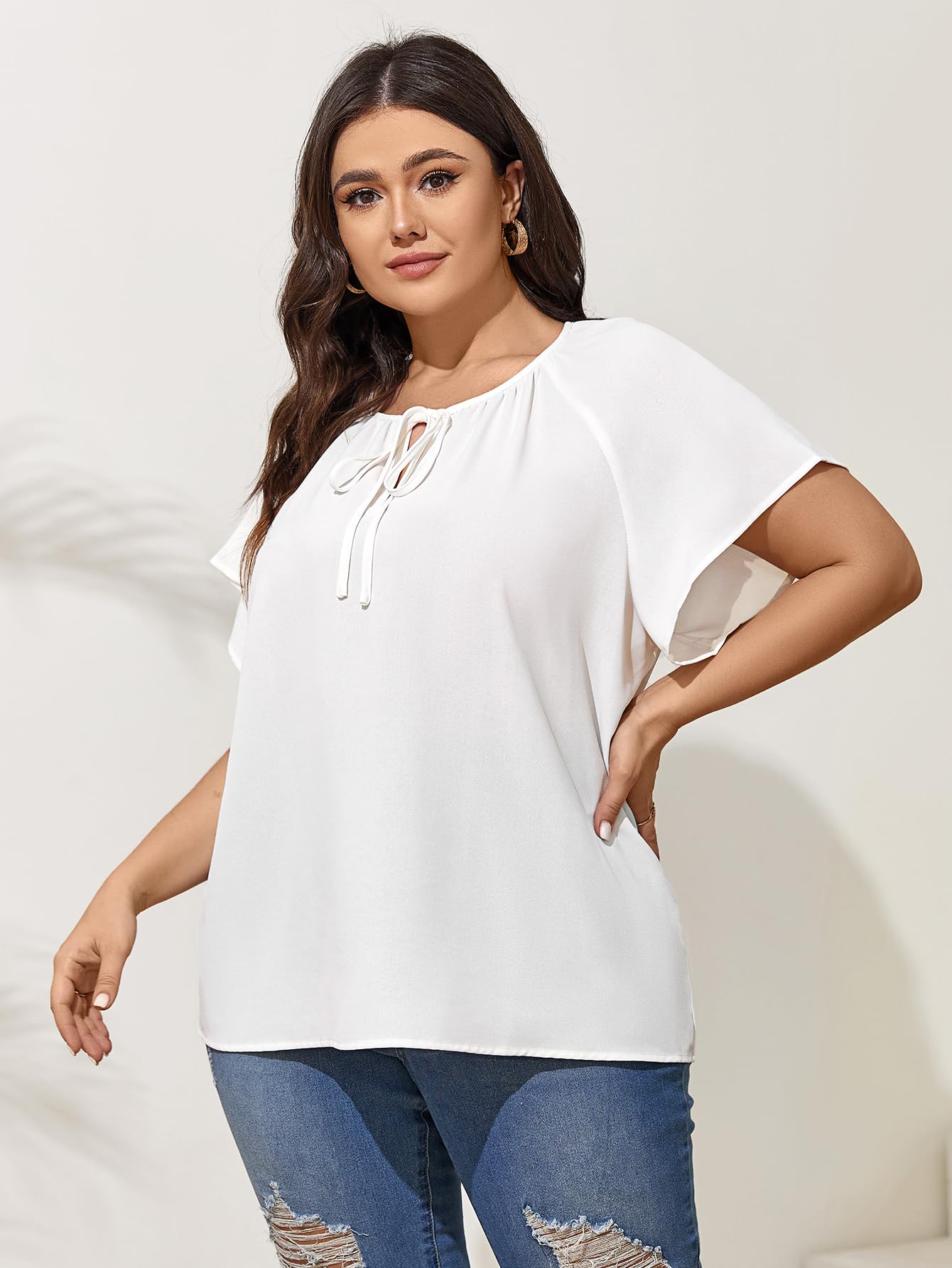 Plus Size V Neck Short Sleeve Blouses for Women - Loose Casual Summer Tops with Drawstring | Flowy Shirts for Work, Beach & Everyday Wear