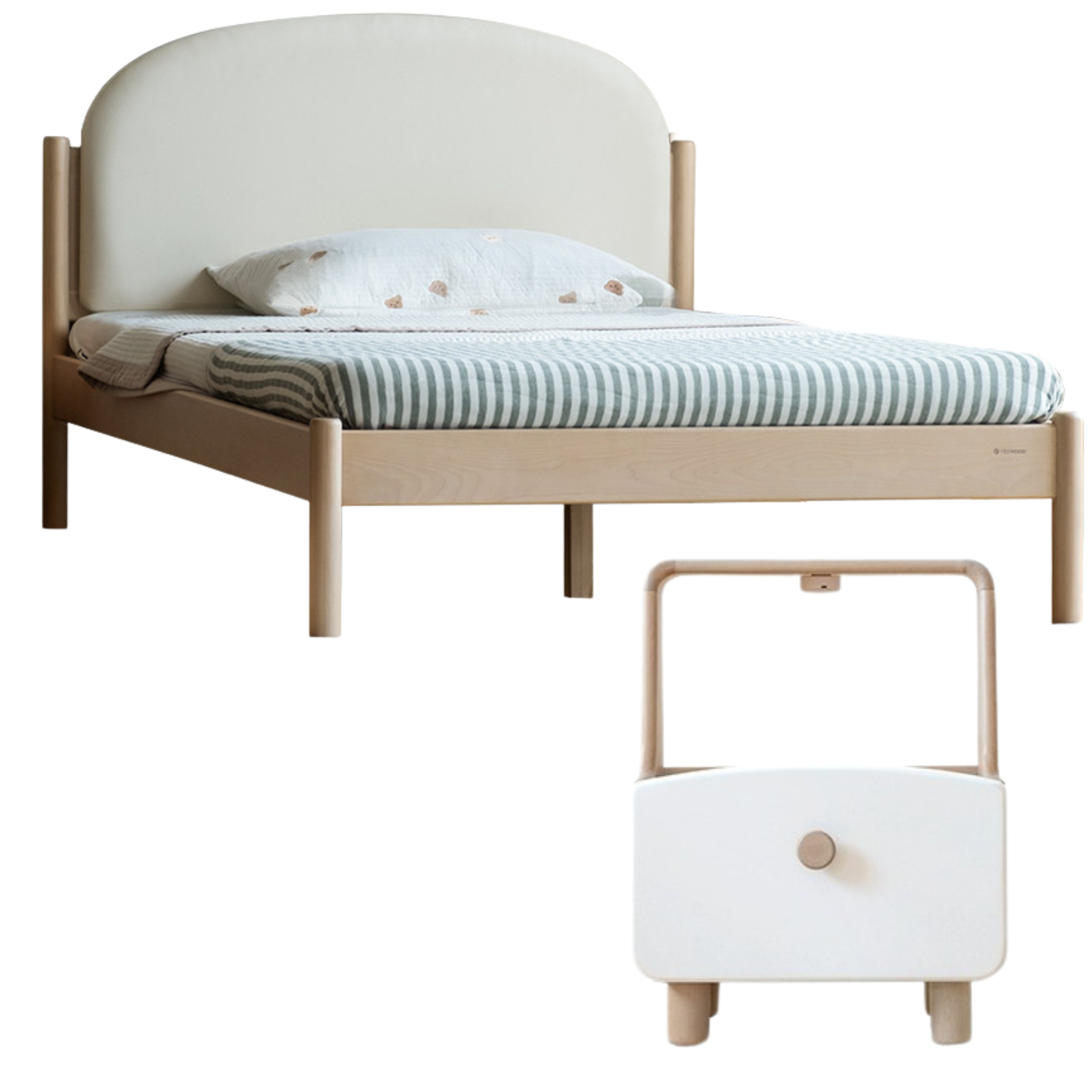 Natural Wood Color Birch (soft-covered milky white) + bedside table (creamy white) Children's bed