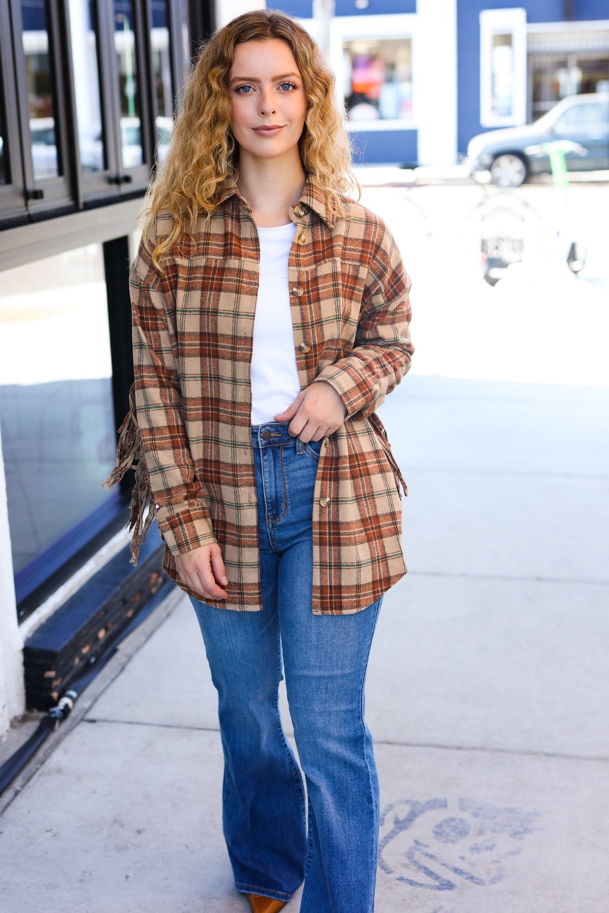 Stylish Taupe & Rust Flannel Plaid Fringe Jacket for Women - Cozy Fall Winter Layering Essential | Perfect for Outdoor Adventures, Casual Outings & Date Nights